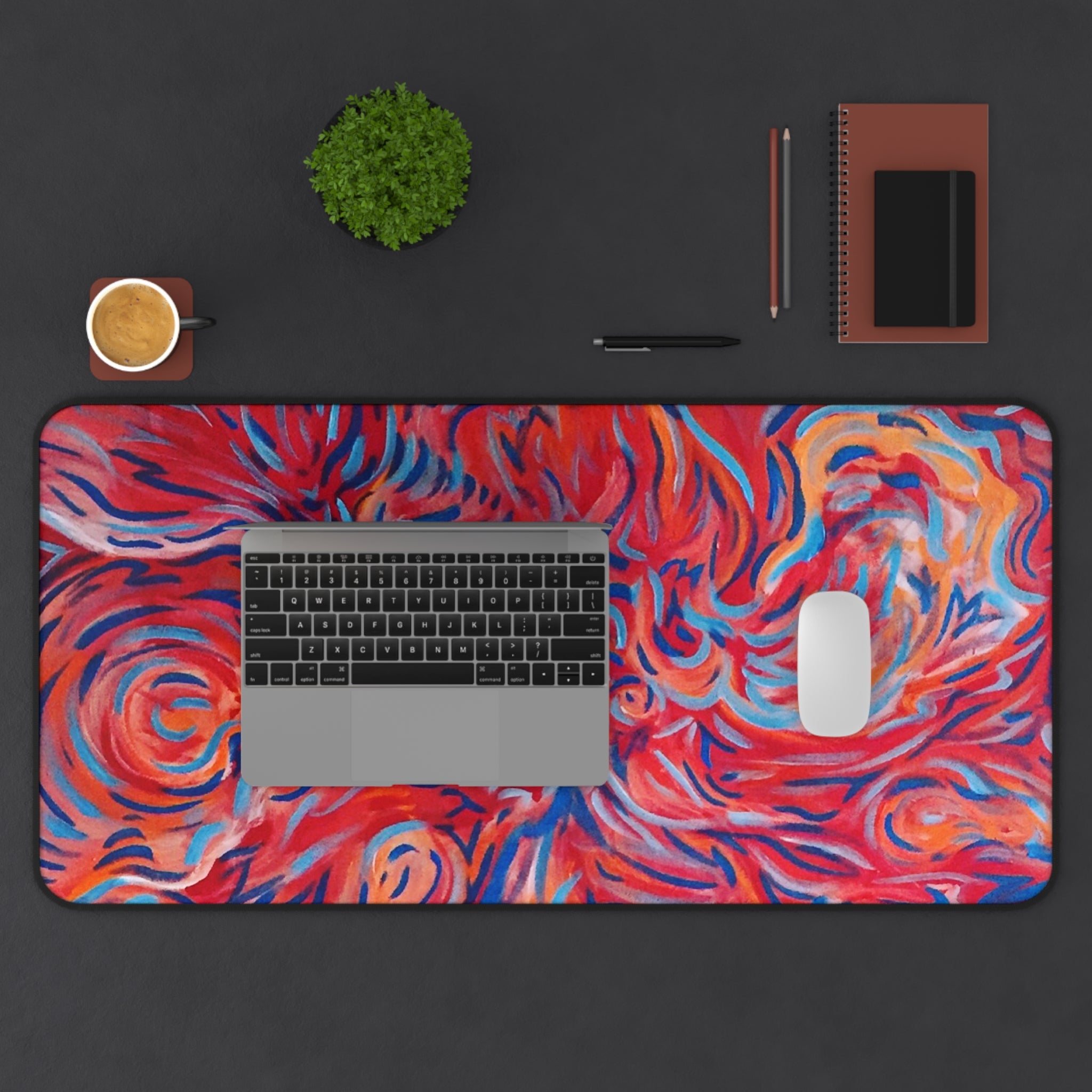 Abstract Flame Swirl Desk Mat — Vibrant Red & Blue Artistic Mouse Pad