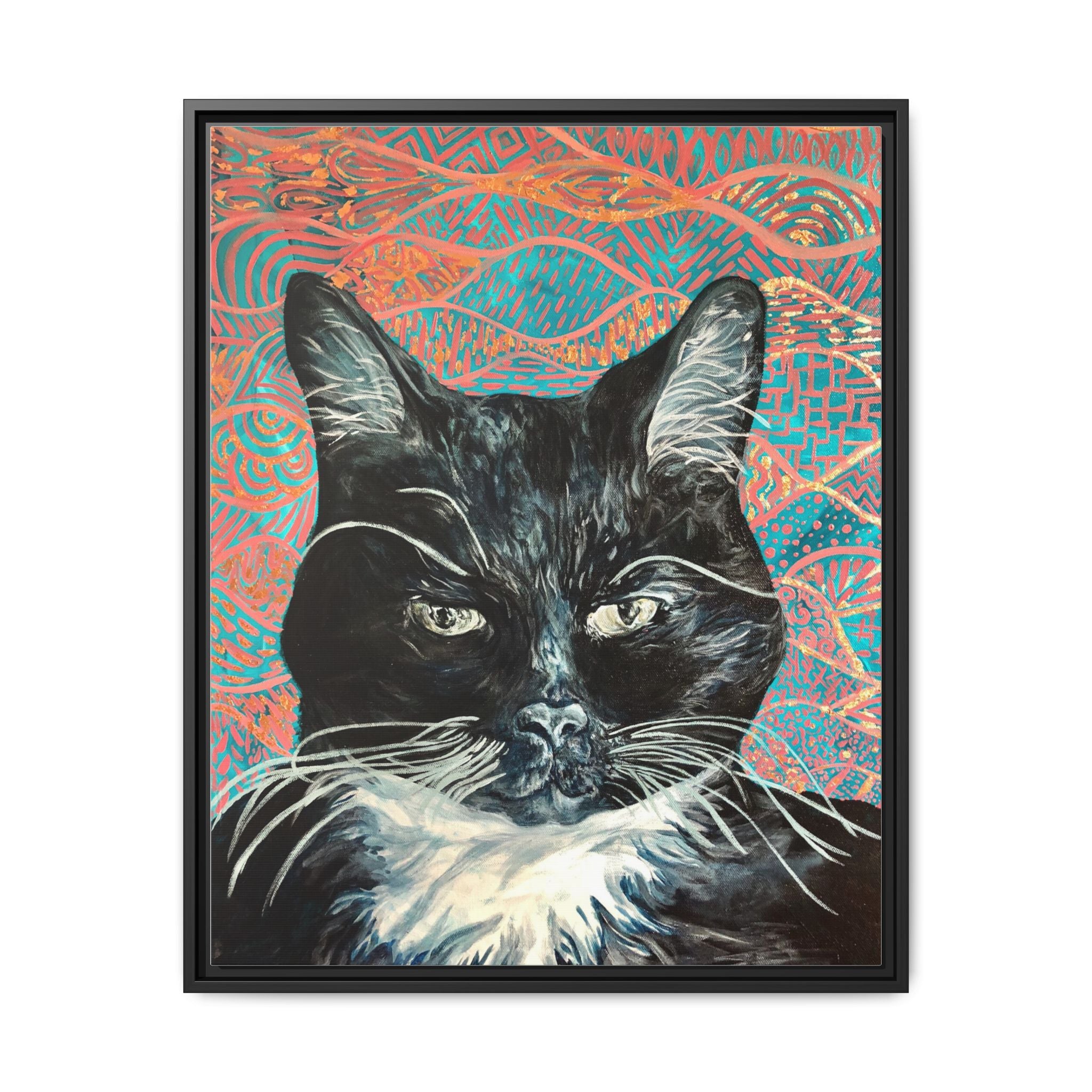 Black Cat Portrait Wall Art_ Framed Matte Canvas Cat Portrait