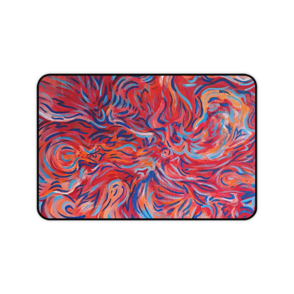 Abstract Flame Swirl Desk Mat — Vibrant Red & Blue Artistic Mouse Pad