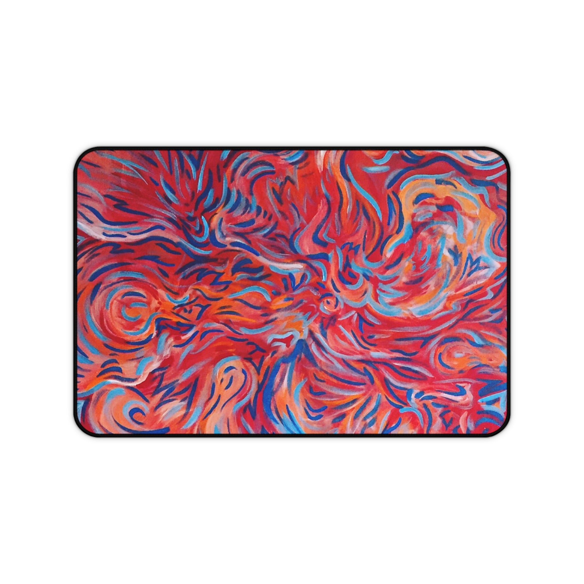Abstract Flame Swirl Desk Mat — Vibrant Red & Blue Artistic Mouse Pad