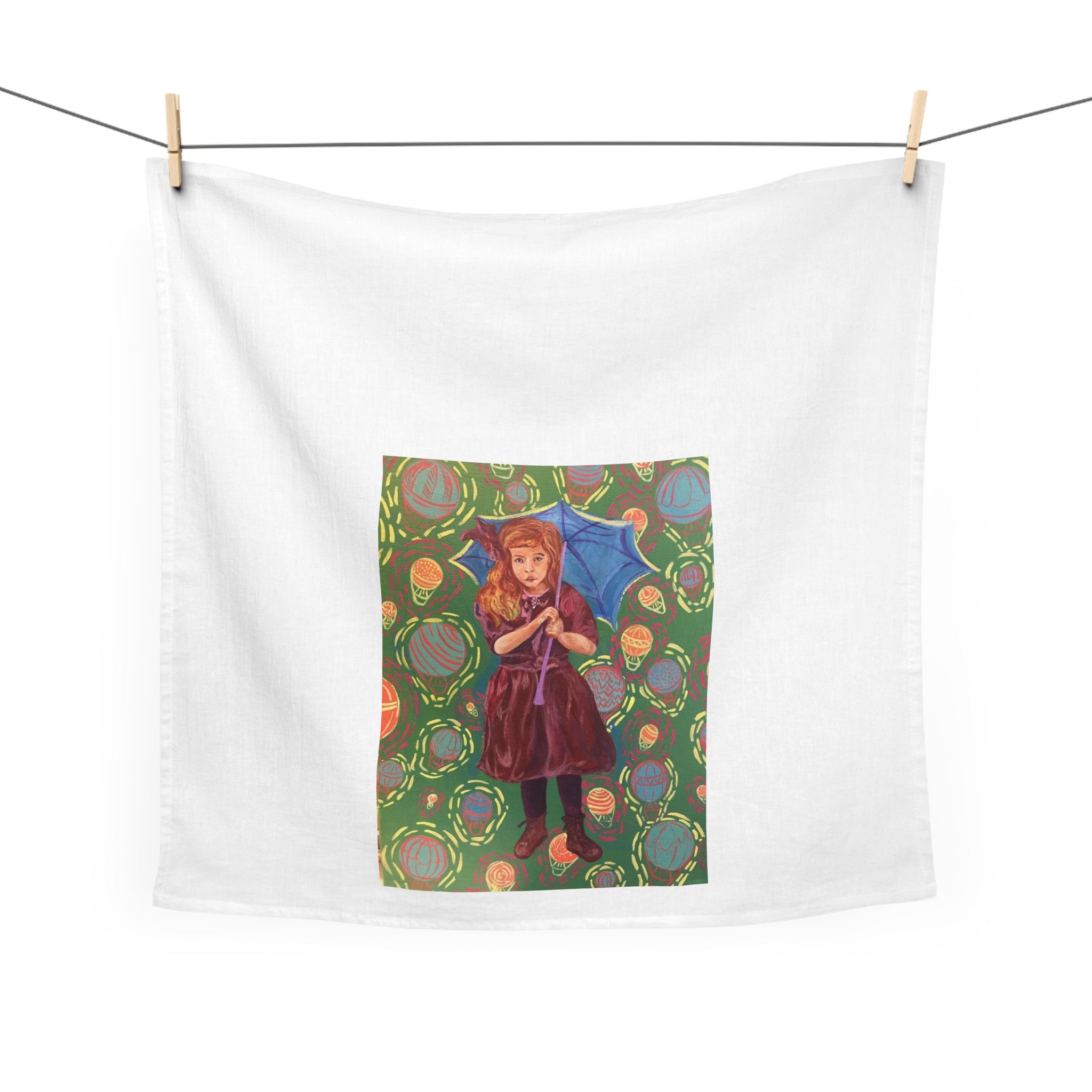 Vintage Girl with Blue Umbrella - Tea Towel — Painted Little Girl with Umbrella & Hot Air Balloons