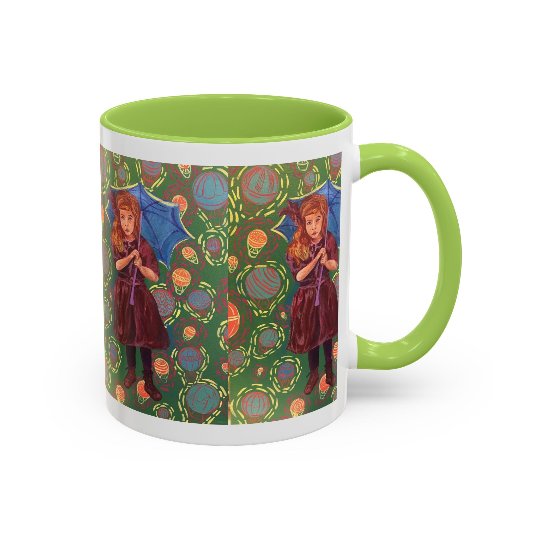 Vintage Girl with Umbrella Accent Coffee Mug — Whimsical Rainy-Day Art Gift (11/15 oz)
