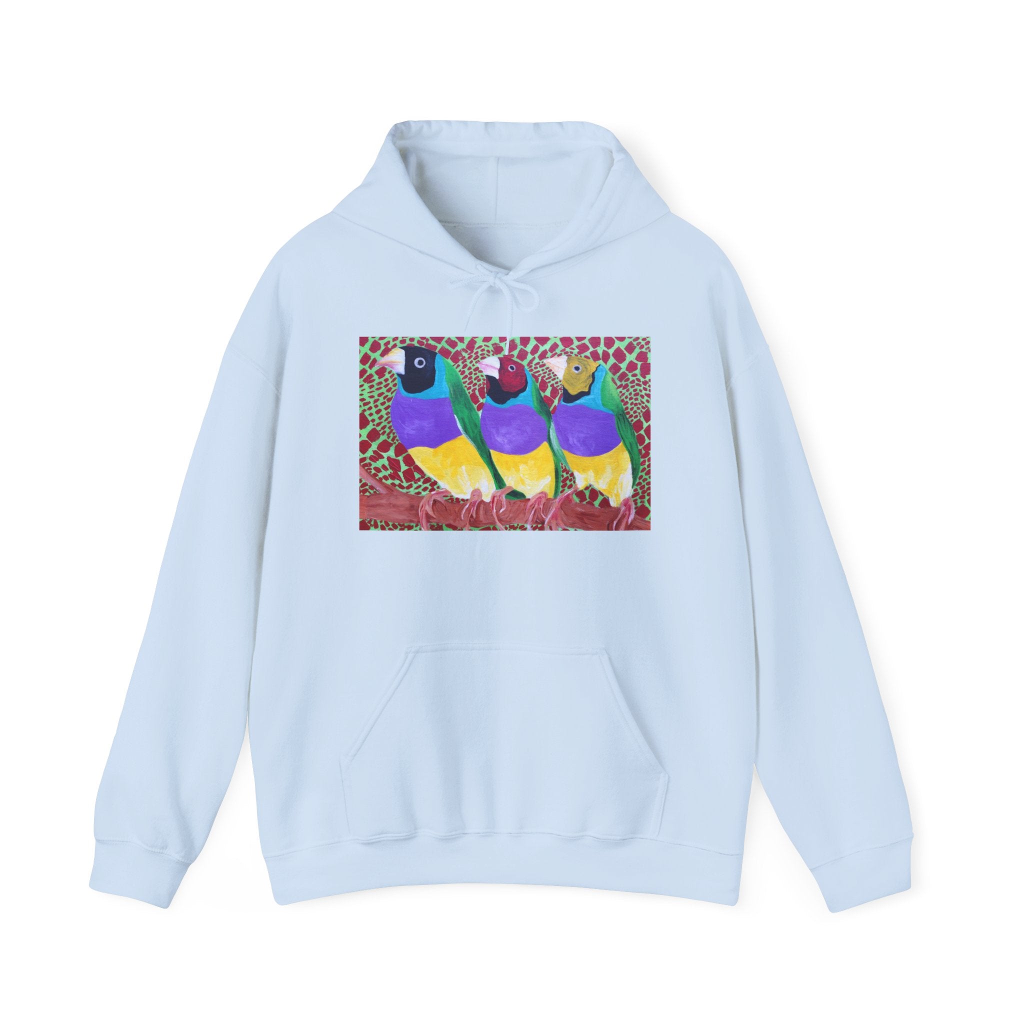 Gouldian Finch Trio Hoodie — Colorful Tropical Bird Graphic Pullover