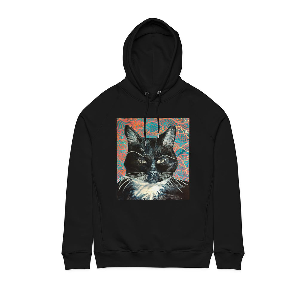 Black Cat Portrait -Organic Side‑Pocket Hoodie — Minimal White Pullover