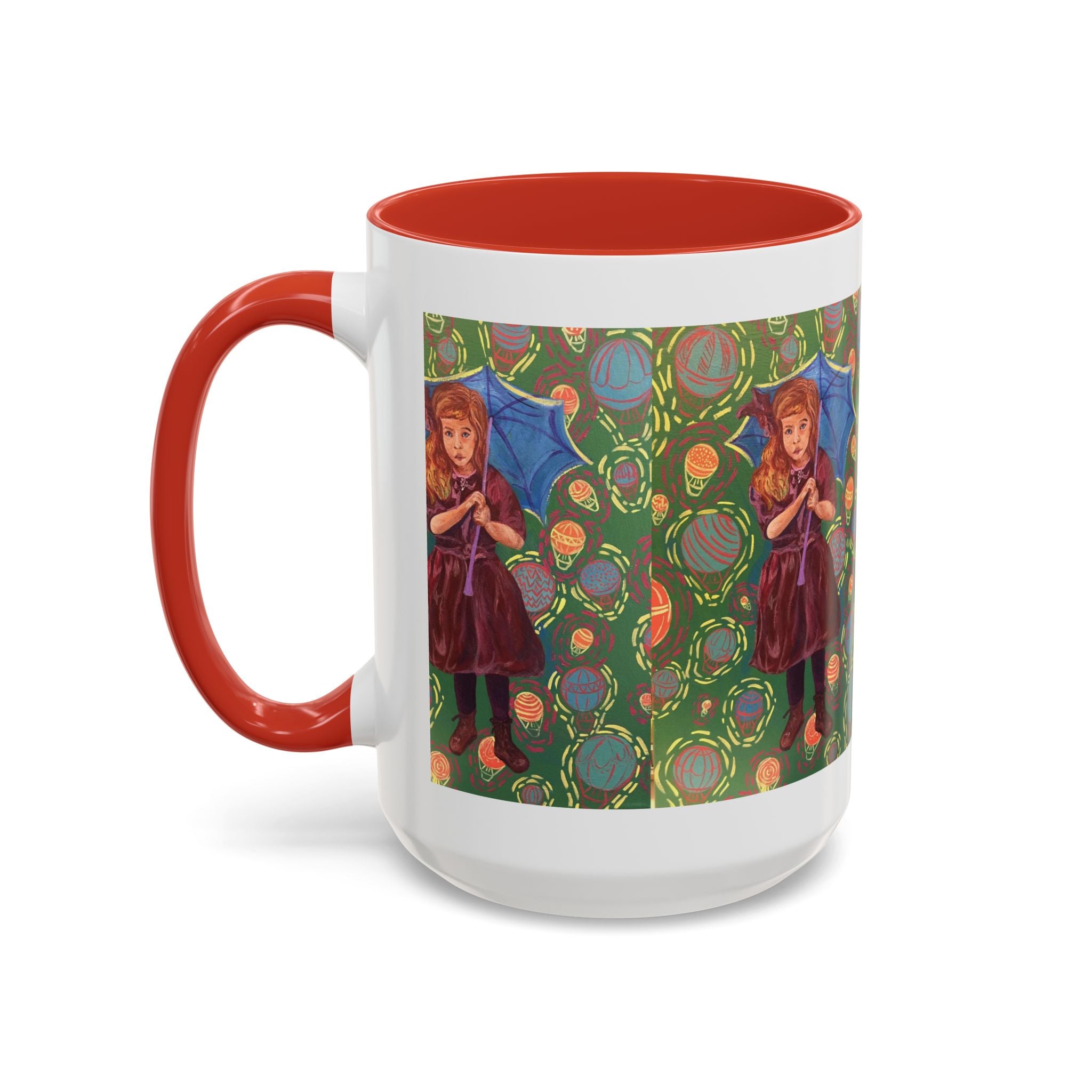 Vintage Girl with Umbrella Accent Coffee Mug — Whimsical Rainy-Day Art Gift (11/15 oz)
