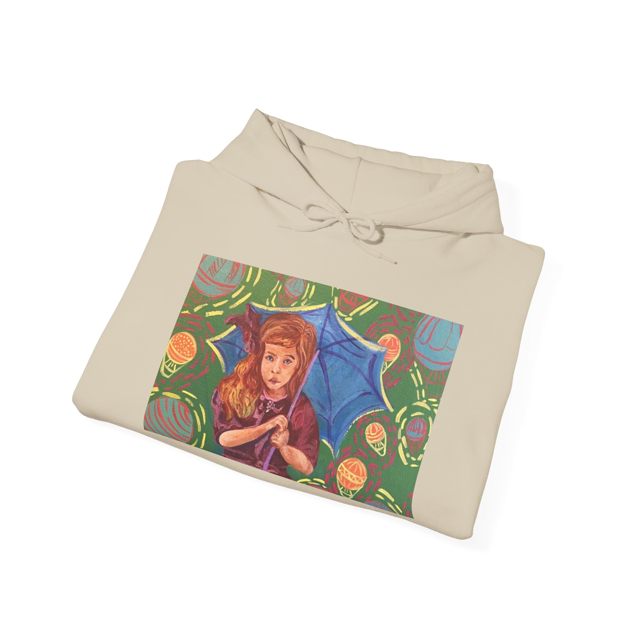 Vintage Girl with Umbrella Graphic Sweatshirt - Kids' Rainy Day Illustration Hoodie