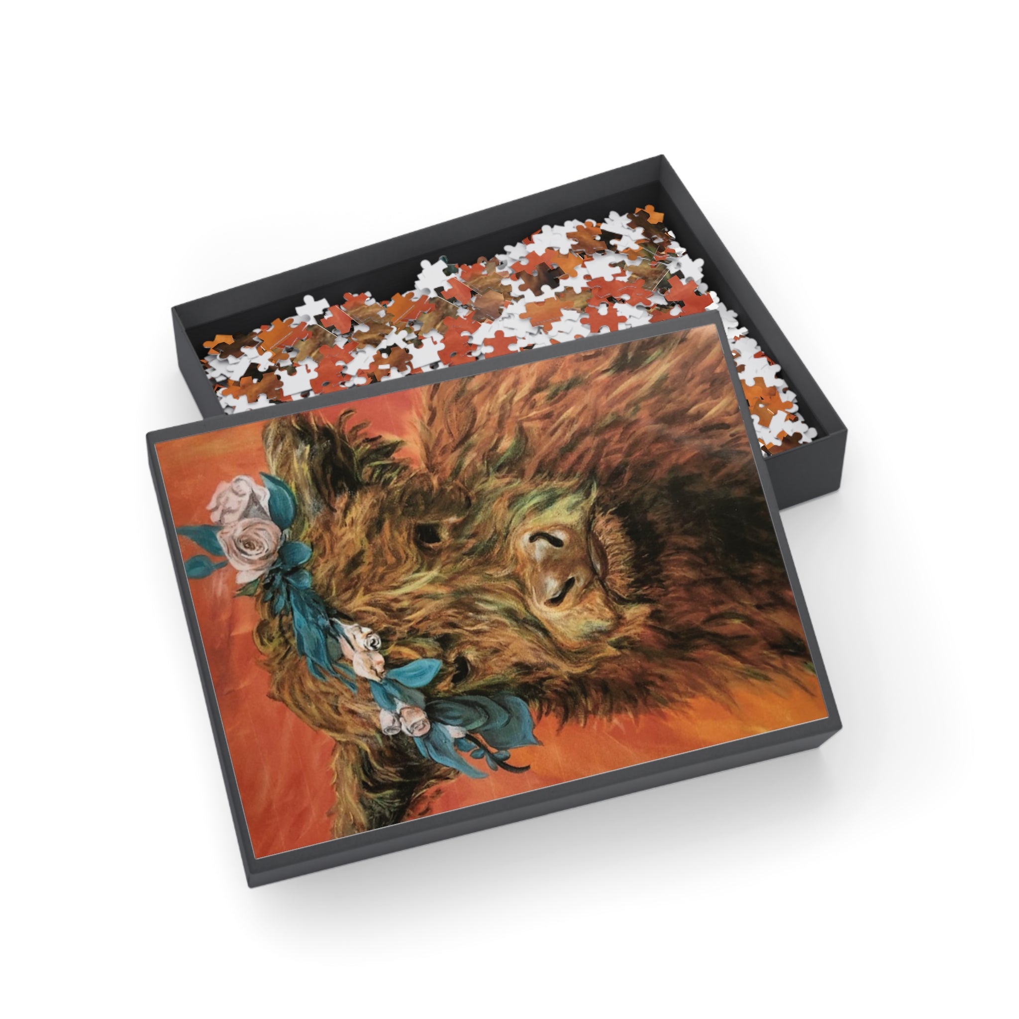 Highland Cow Floral Crown Puzzle — Scenic Animal Jigsaw (96–1000 pcs)