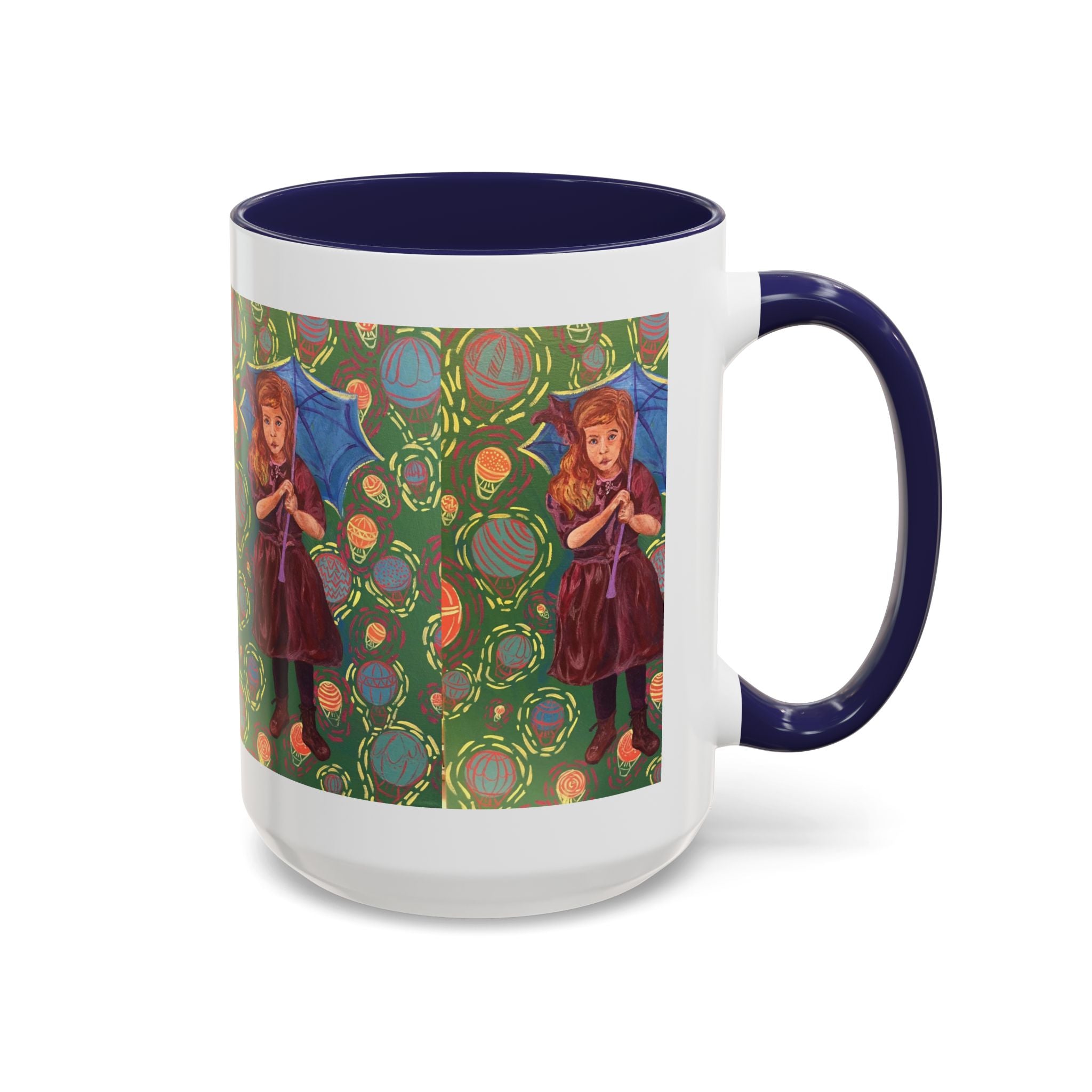 Vintage Girl with Umbrella Accent Coffee Mug — Whimsical Rainy-Day Art Gift (11/15 oz)