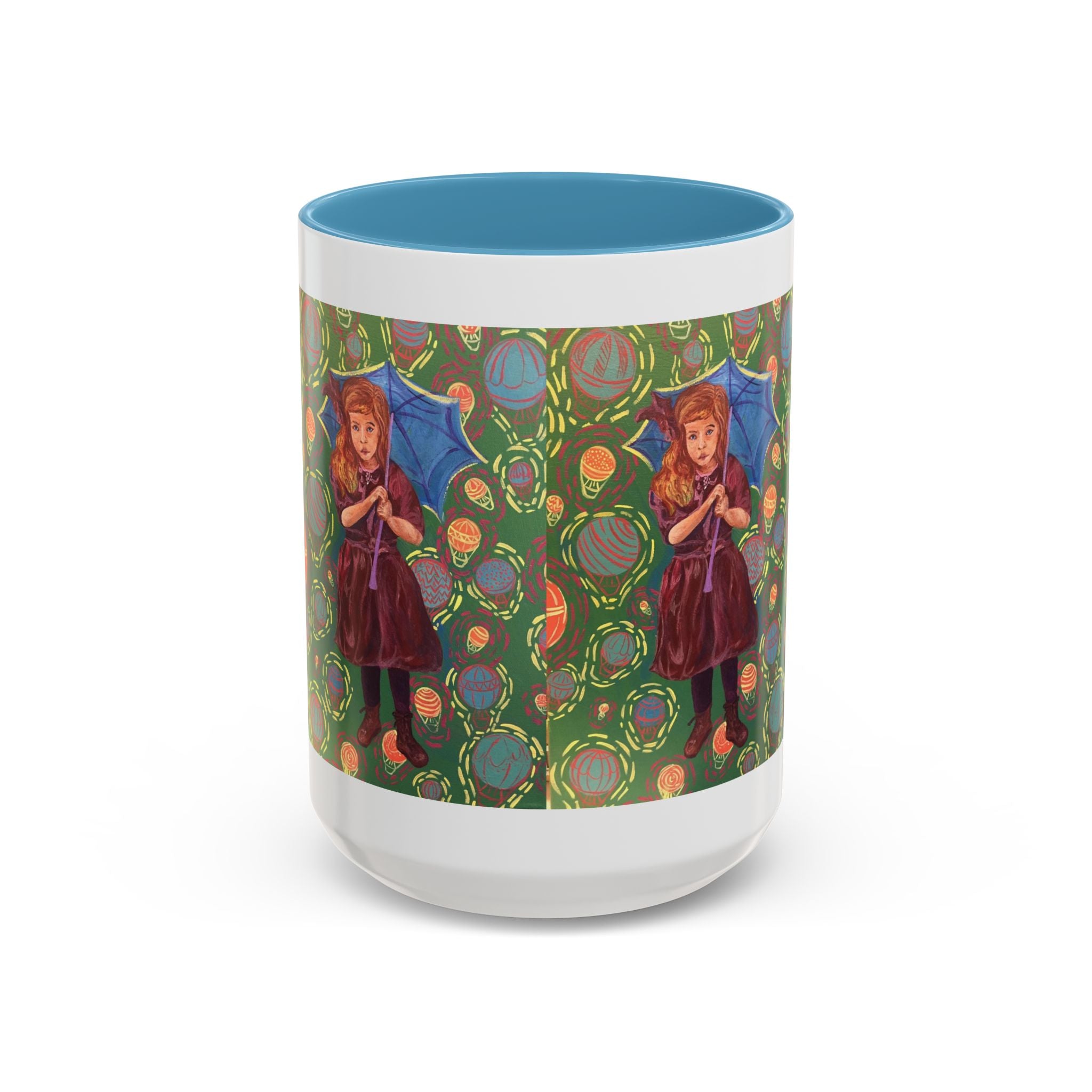 Vintage Girl with Umbrella Accent Coffee Mug — Whimsical Rainy-Day Art Gift (11/15 oz)