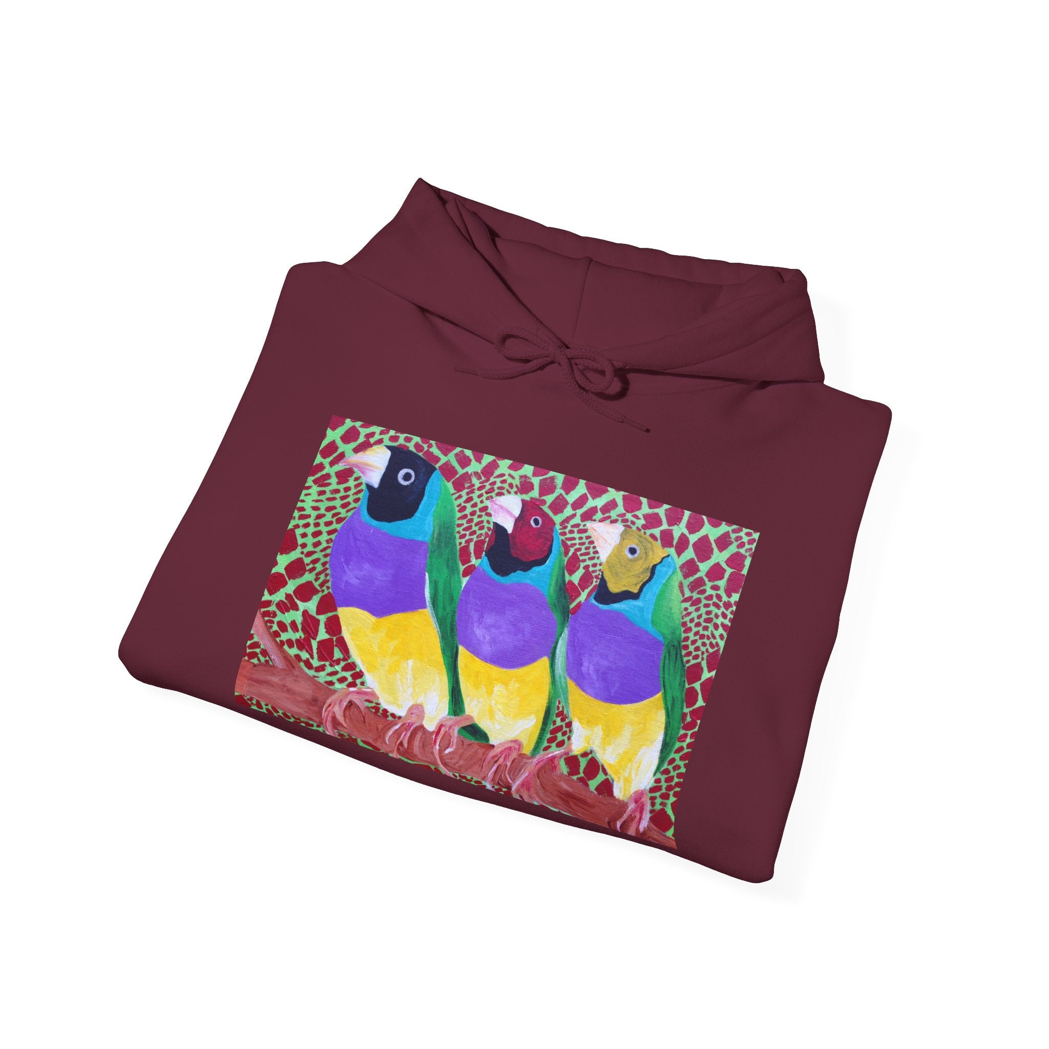 Gouldian Finch Trio Hoodie — Colorful Tropical Bird Graphic Pullover