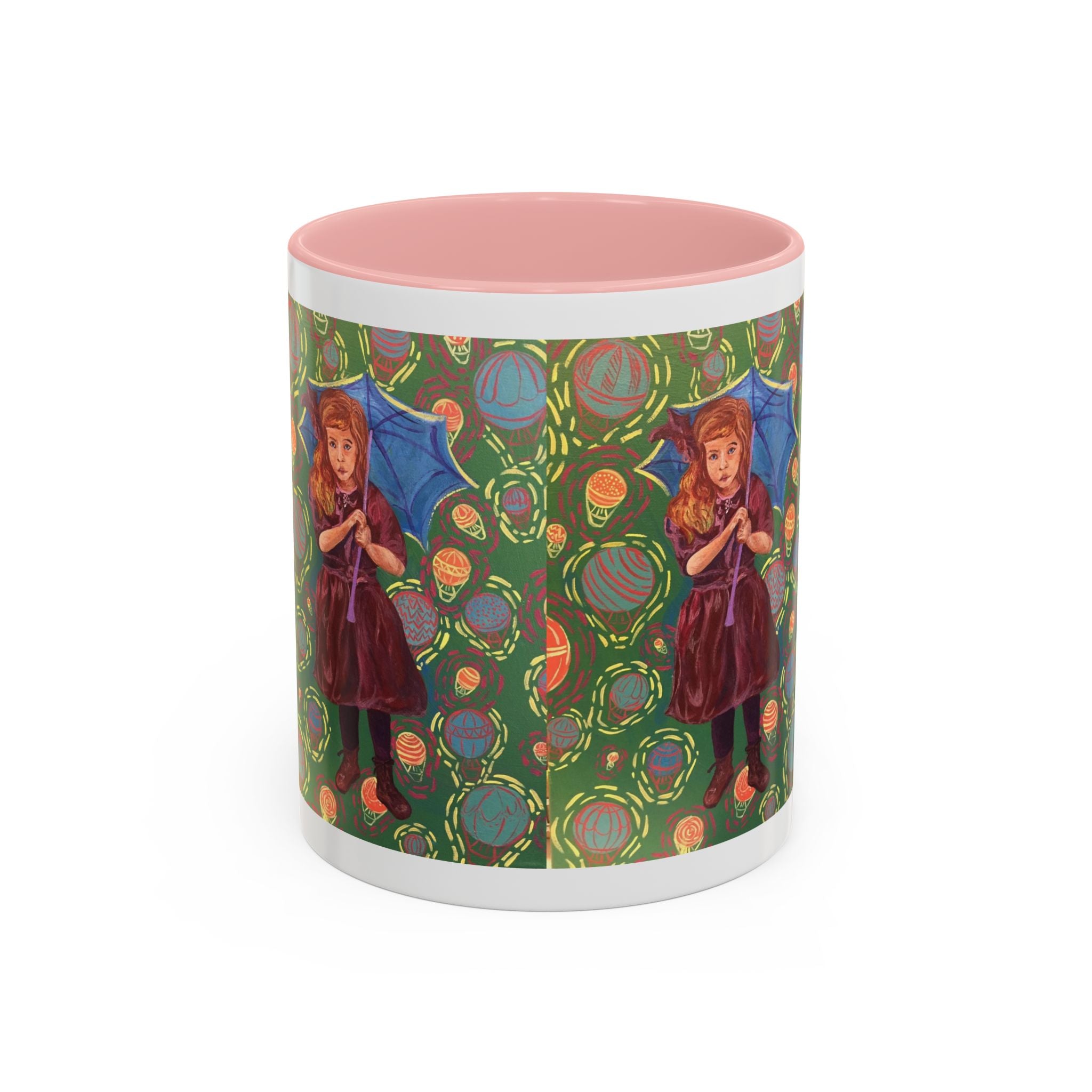 Vintage Girl with Umbrella Accent Coffee Mug — Whimsical Rainy-Day Art Gift (11/15 oz)