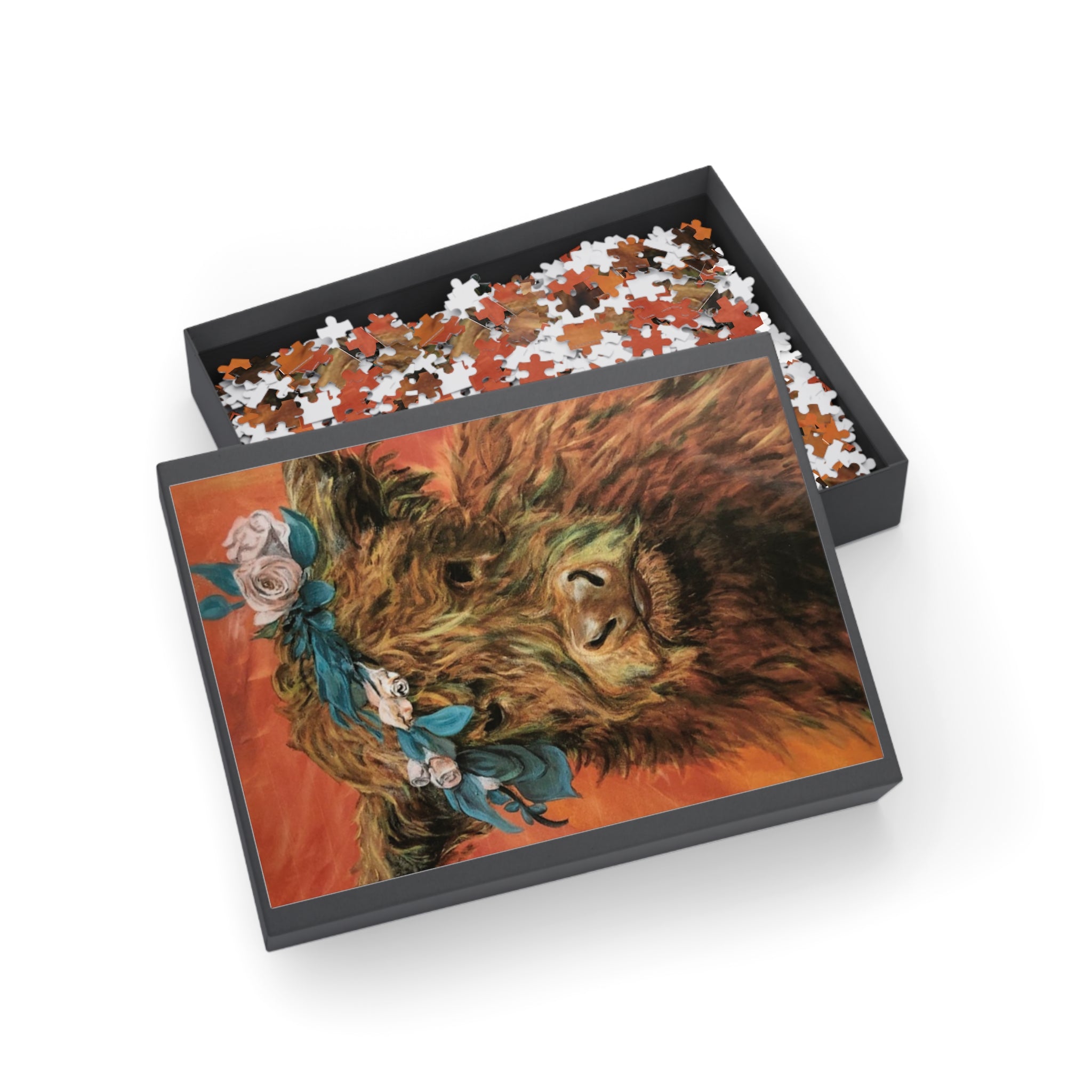 Highland Cow Floral Crown Puzzle — Scenic Animal Jigsaw (96–1000 pcs)