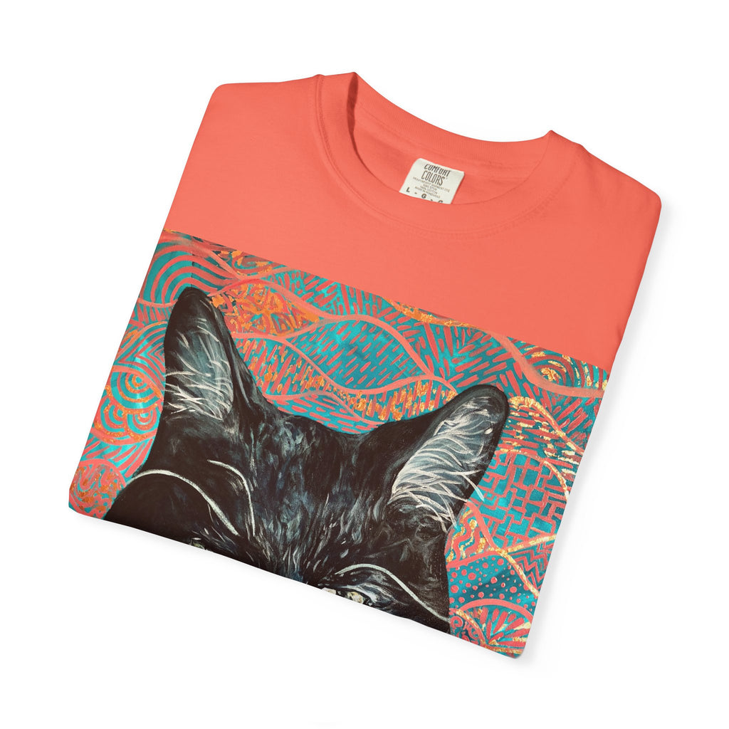 Black Cat Portrait T-Shirt — Painted Portrait on Pattern Background