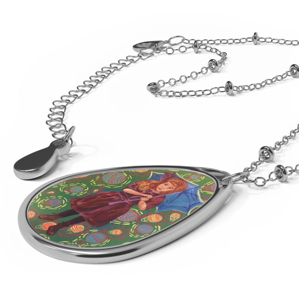Vintage Girl with Blue Umbrella - Oval Pendant Necklace — Vintage Girl Illustration Teardrop Locket