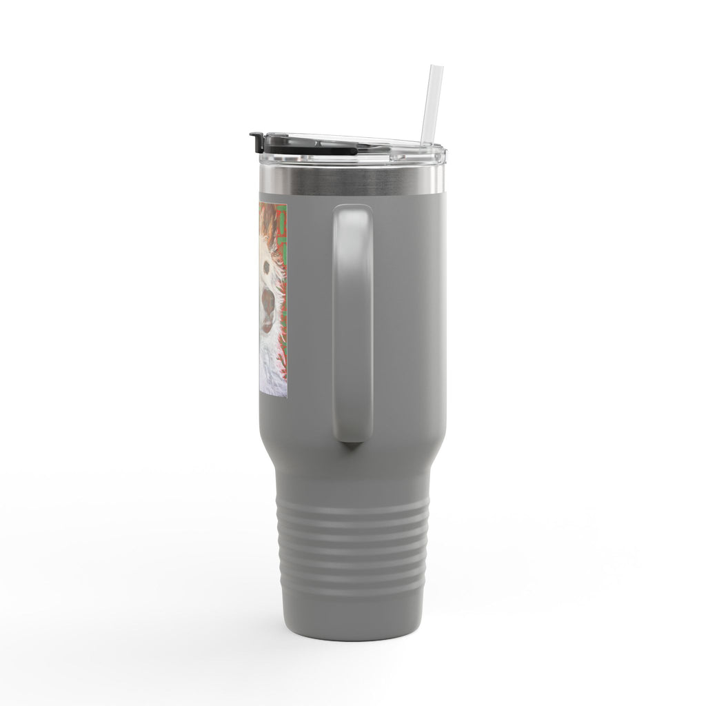 White Dog Portrait - 40oz Insulated Travel Mug — Painted White Dog Portrait with Brown Ears on Vibrant Pattern