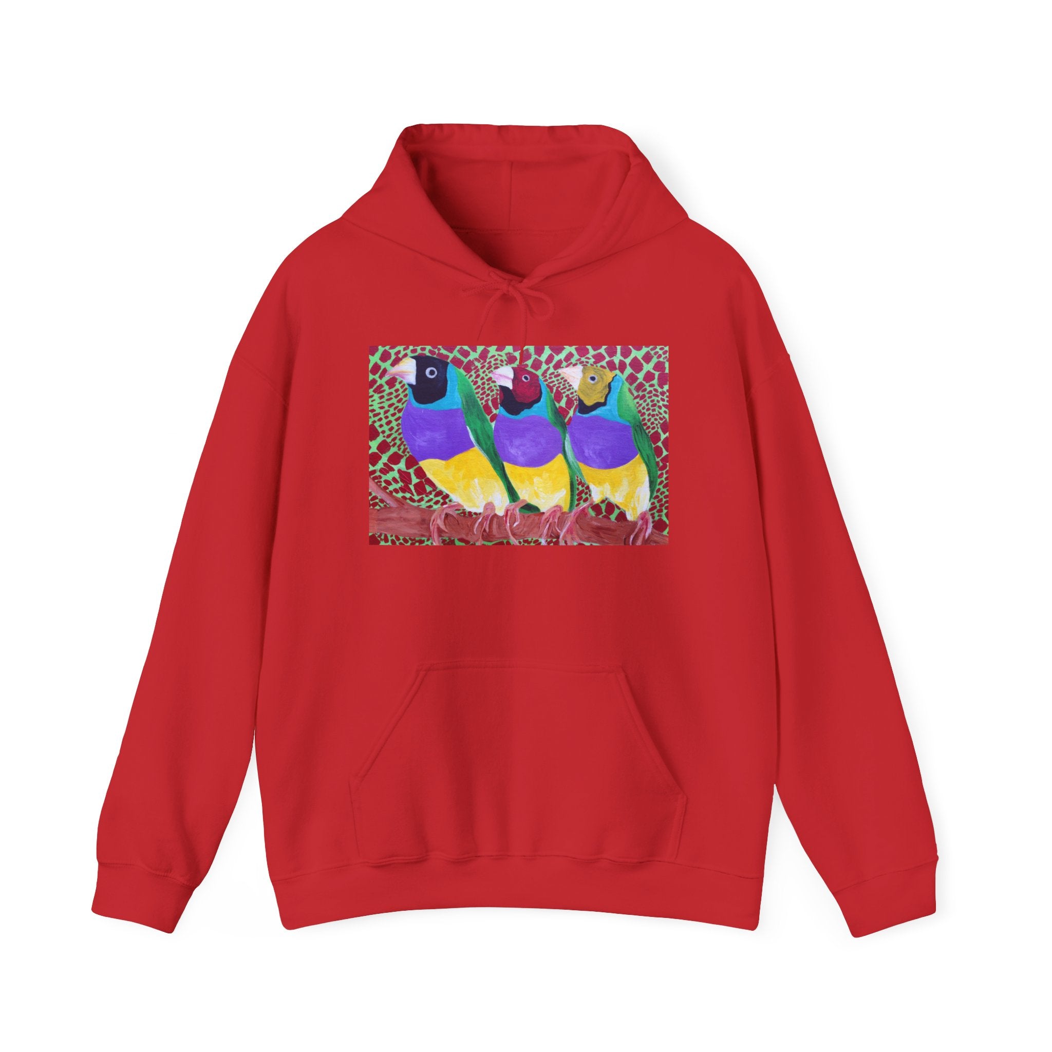 Gouldian Finch Trio Hoodie — Colorful Tropical Bird Graphic Pullover