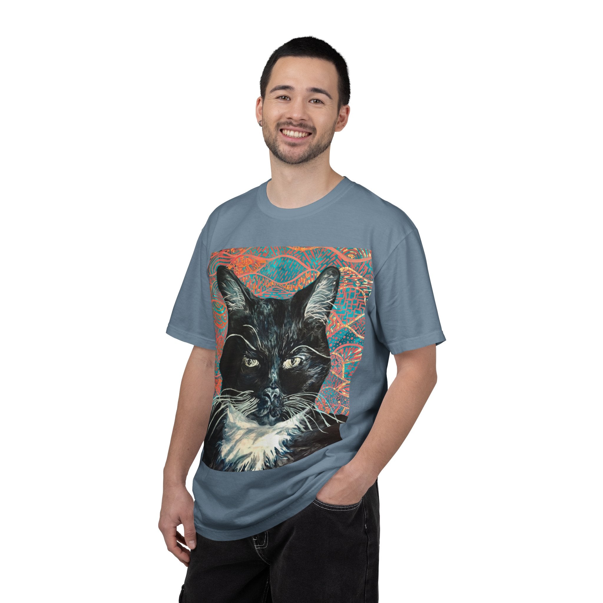 Black Cat Portrait T-Shirt — Painted Portrait on Pattern Background