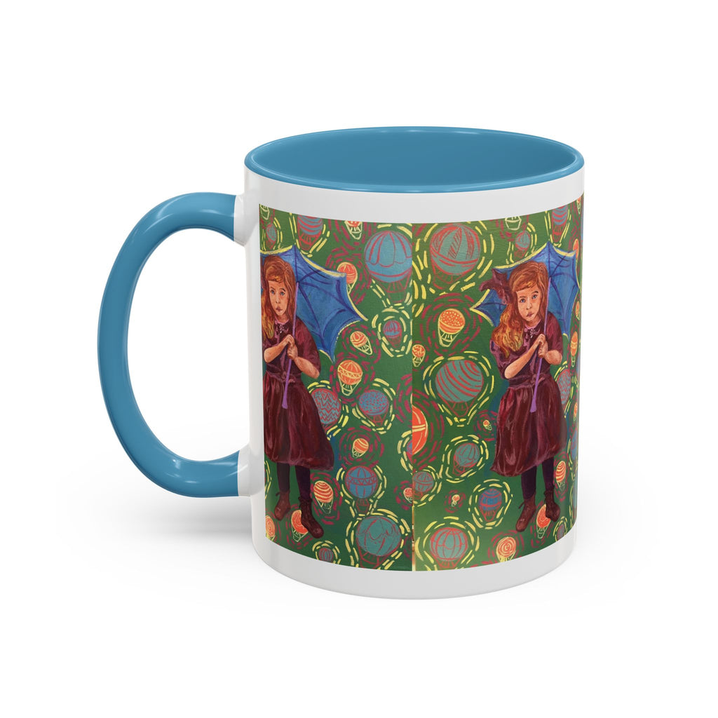 Vintage Girl with Umbrella Accent Coffee Mug — Whimsical Rainy-Day Art Gift (11/15 oz)