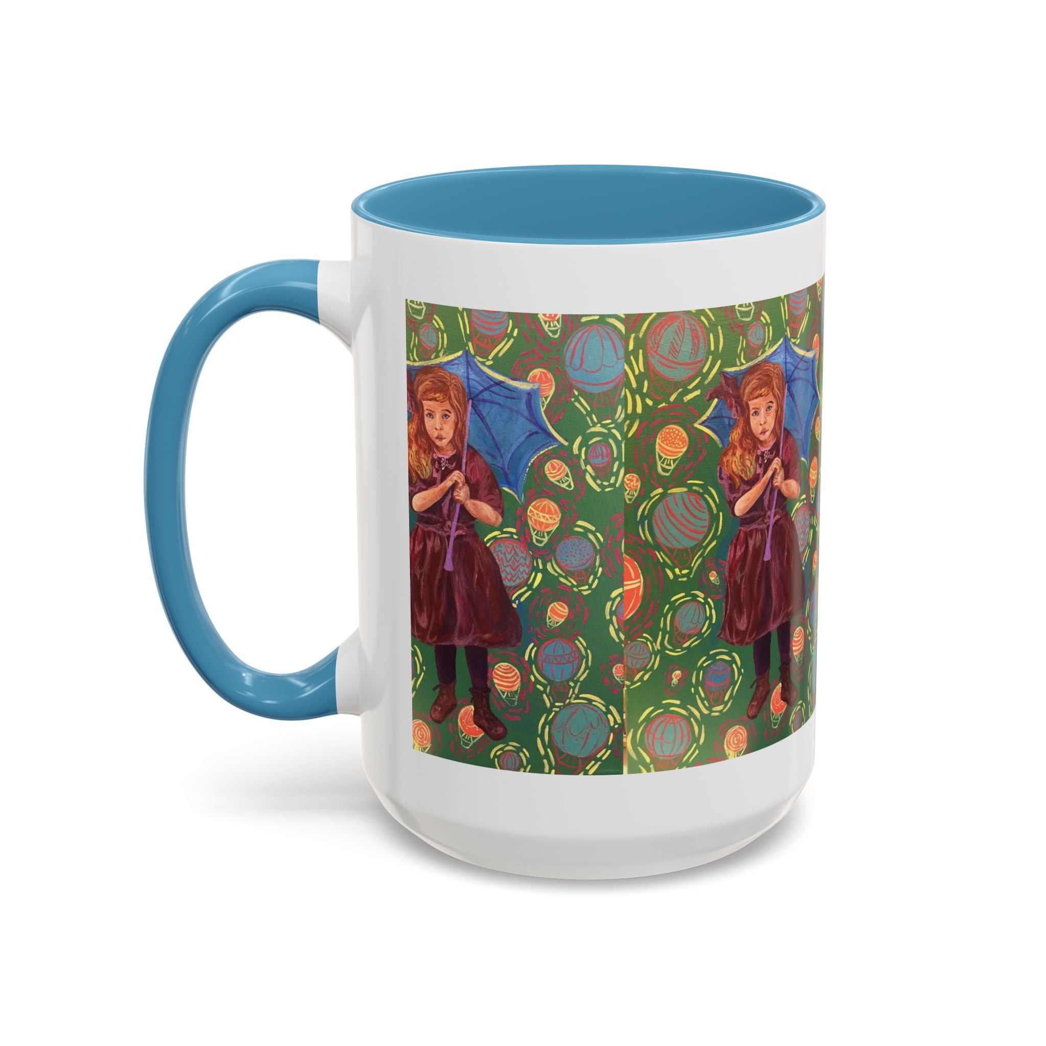 Vintage Girl with Umbrella Accent Coffee Mug — Whimsical Rainy-Day Art Gift (11/15 oz)