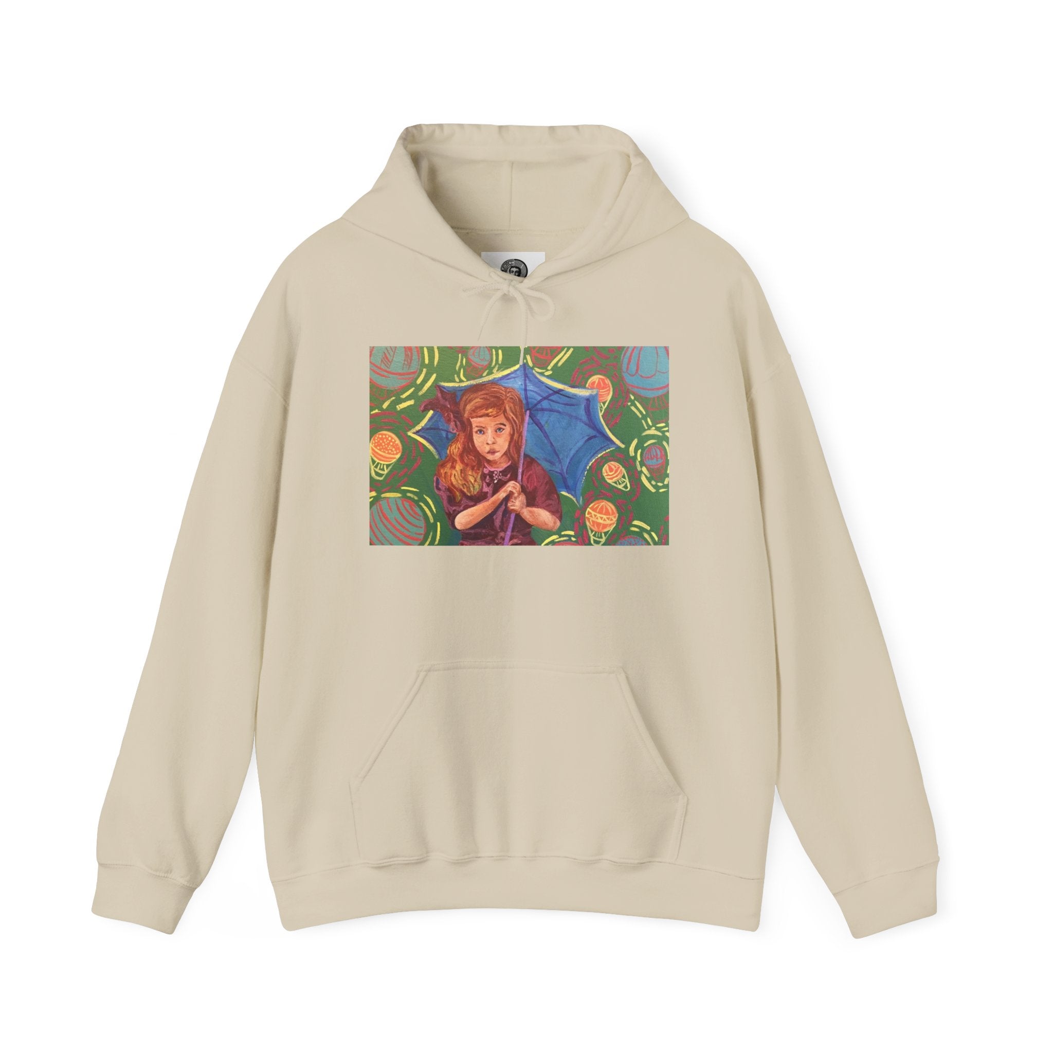 Vintage Girl with Umbrella Graphic Sweatshirt - Kids' Rainy Day Illustration Hoodie
