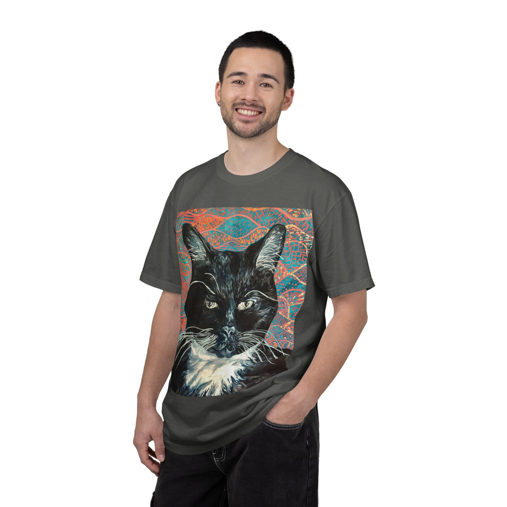 Black Cat Portrait T-Shirt — Painted Portrait on Pattern Background