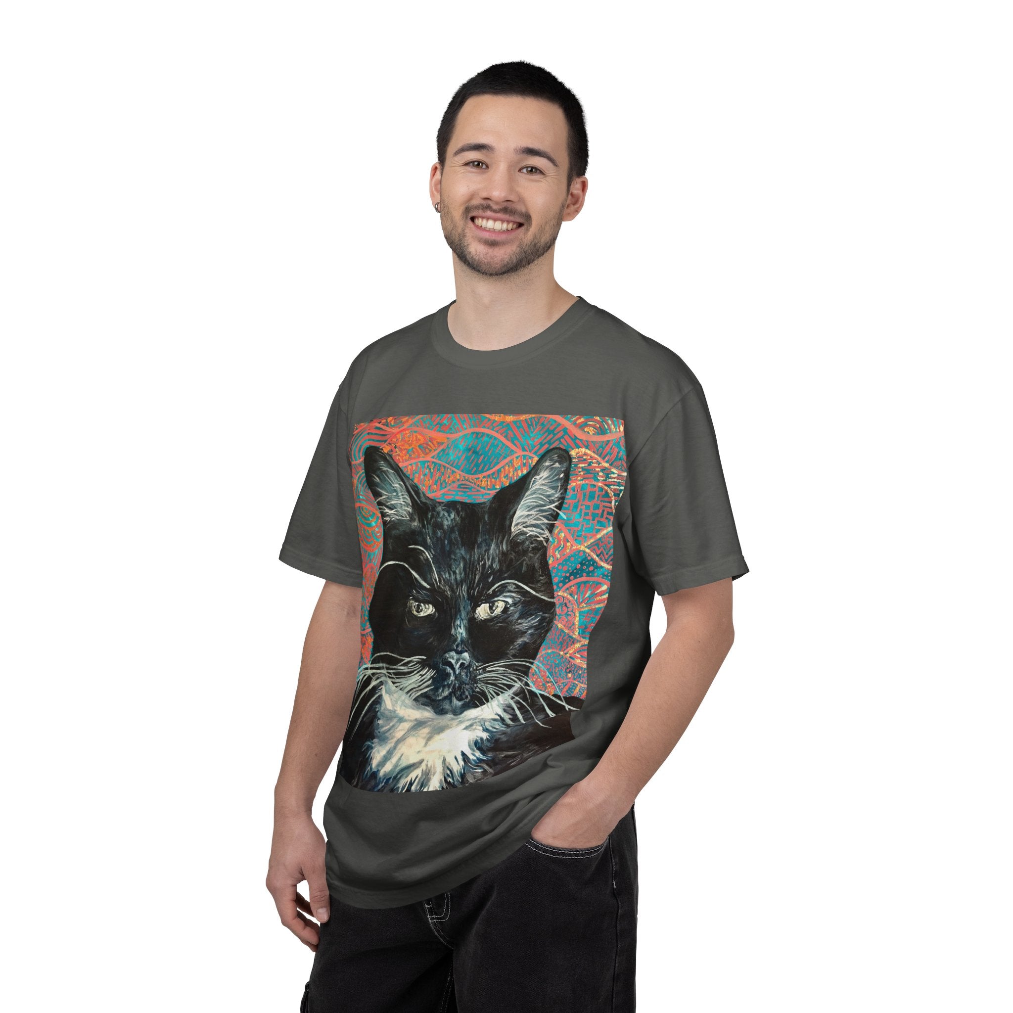 Black Cat Portrait T-Shirt — Painted Portrait on Pattern Background