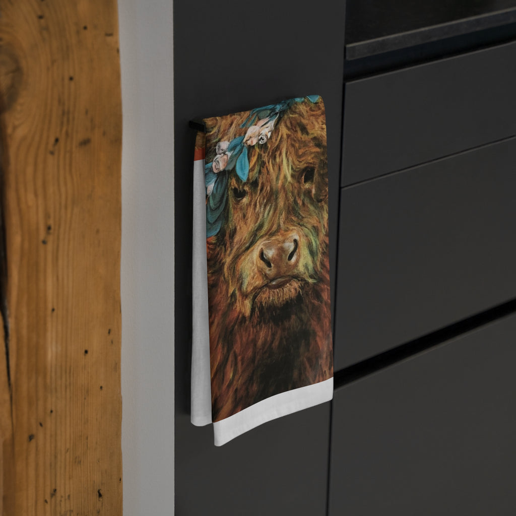 Highland Cow Tea Towel — Floral Crown Kitchen Towel with Vibrant Background