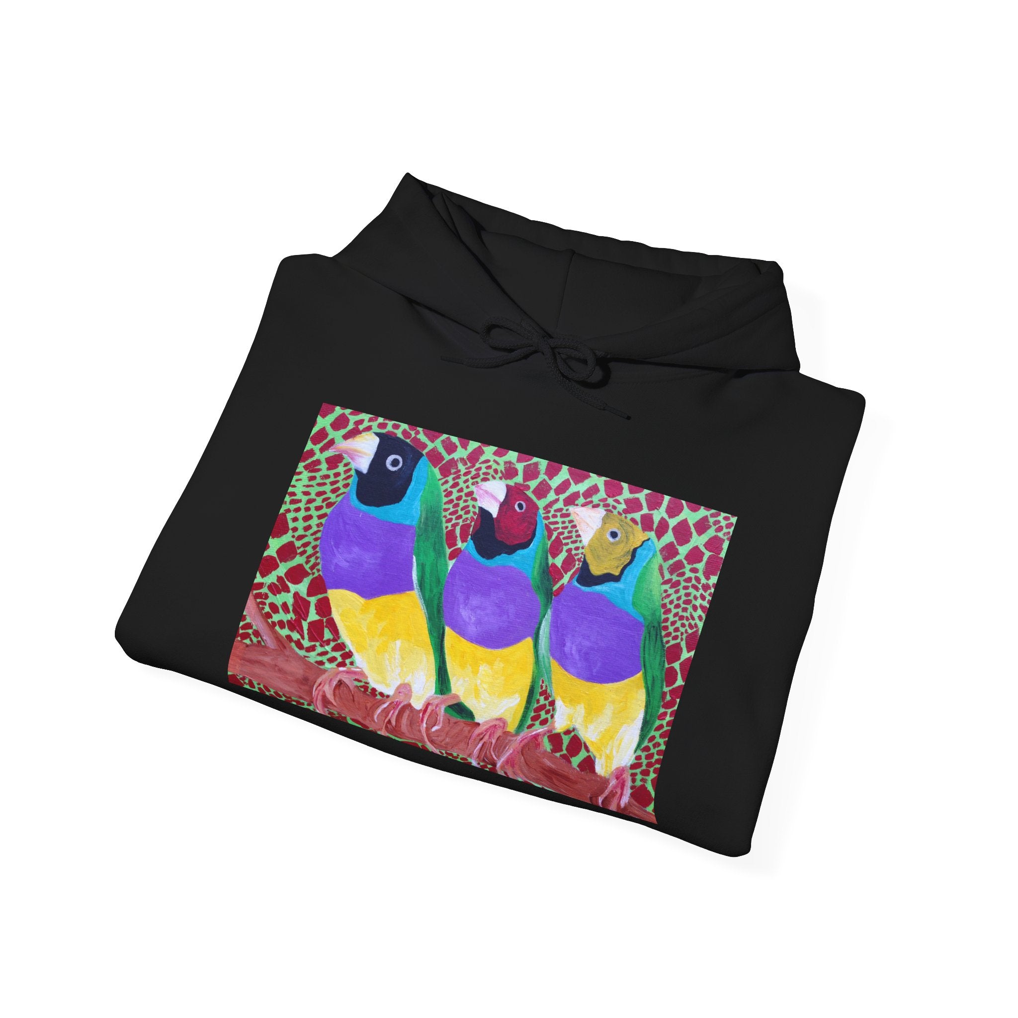 Gouldian Finch Trio Hoodie — Colorful Tropical Bird Graphic Pullover