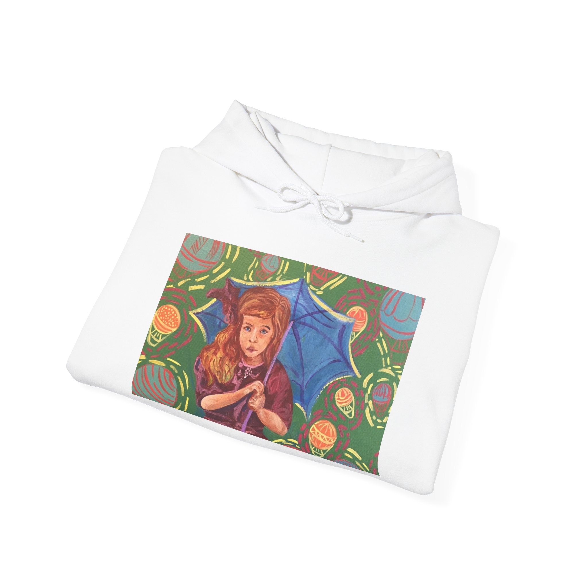 Vintage Girl with Umbrella Graphic Sweatshirt - Kids' Rainy Day Illustration Hoodie