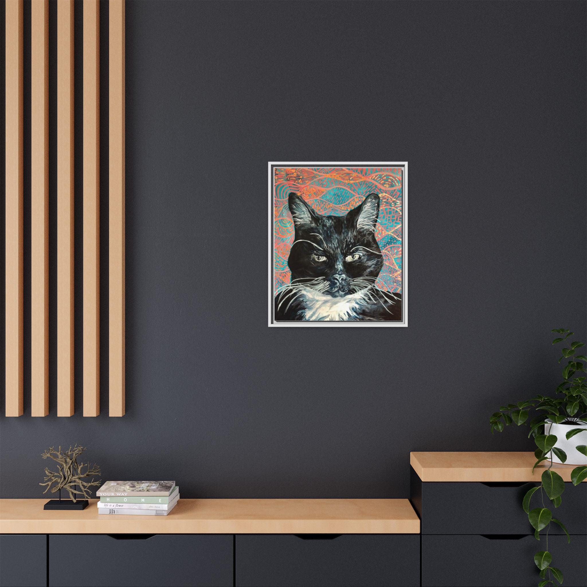 Black Cat Portrait Wall Art_ Framed Matte Canvas Cat Portrait