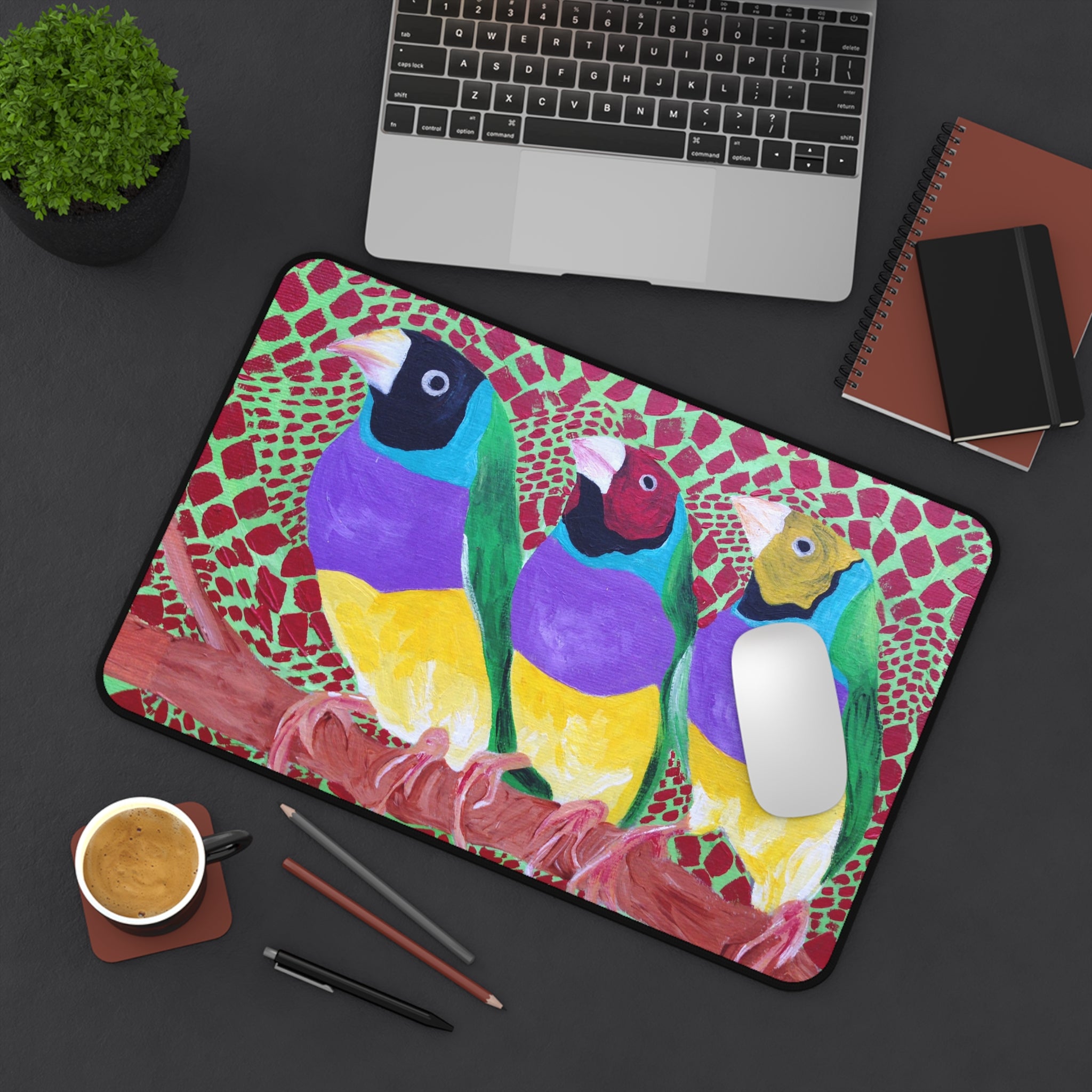 Gouldian Finch Trio - Colorful Bird Desk Mat — Three Birds on Patterned Background
