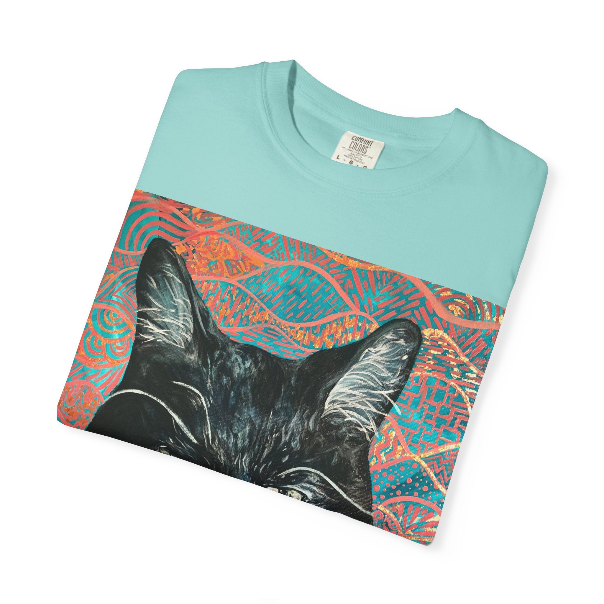 Black Cat Portrait T-Shirt — Painted Portrait on Pattern Background
