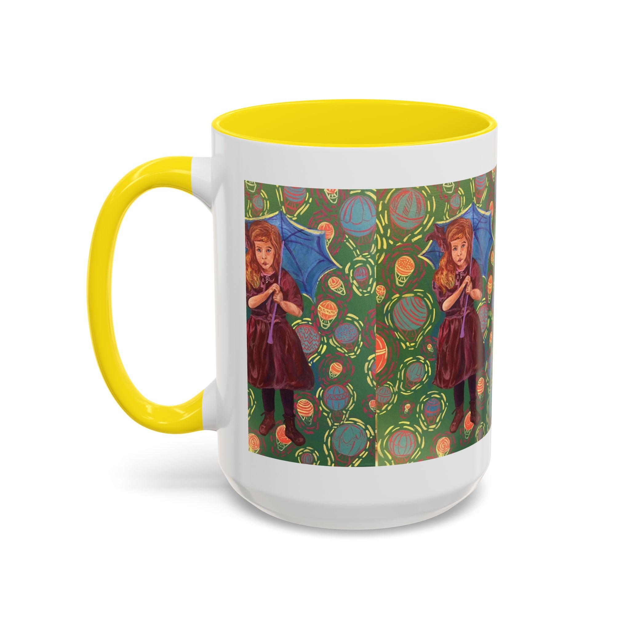 Vintage Girl with Umbrella Accent Coffee Mug — Whimsical Rainy-Day Art Gift (11/15 oz)