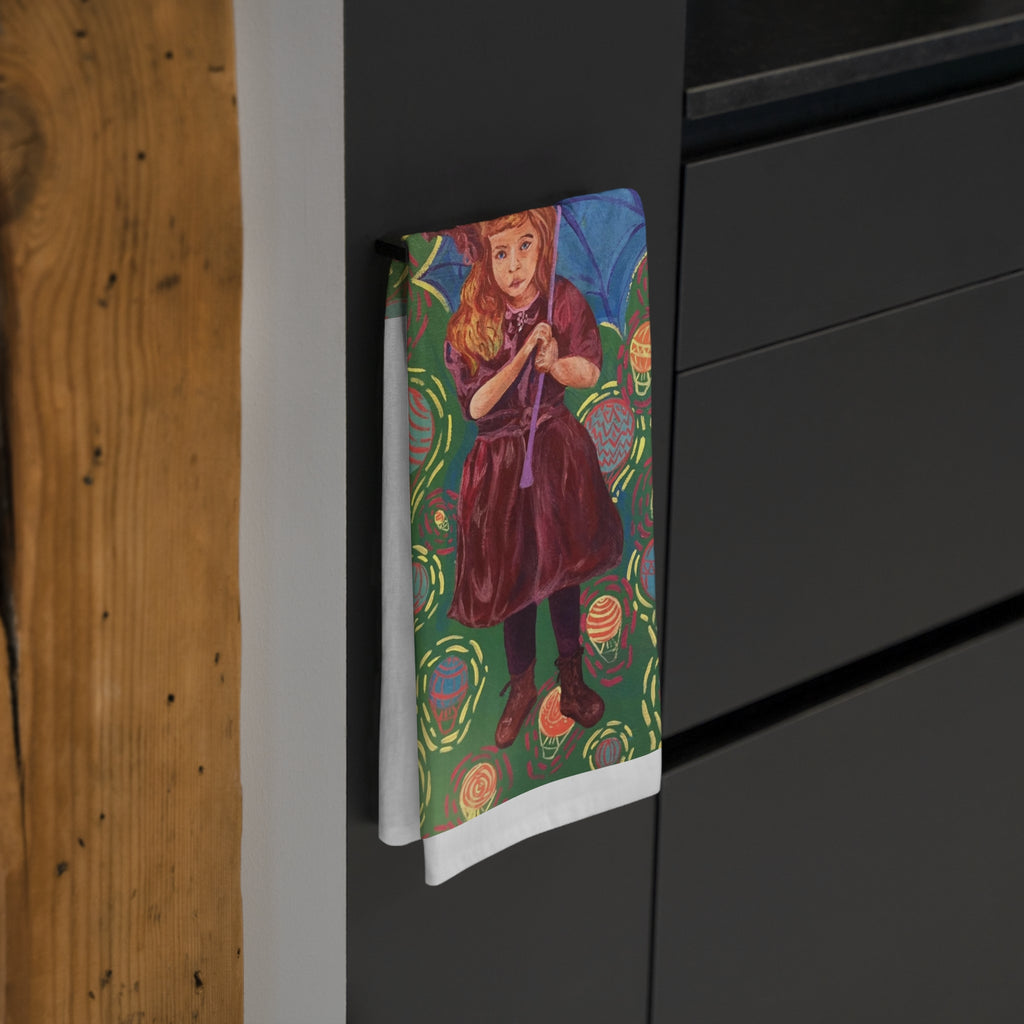 Vintage Girl with Blue Umbrella - Tea Towel — Painted Little Girl with Umbrella & Hot Air Balloons