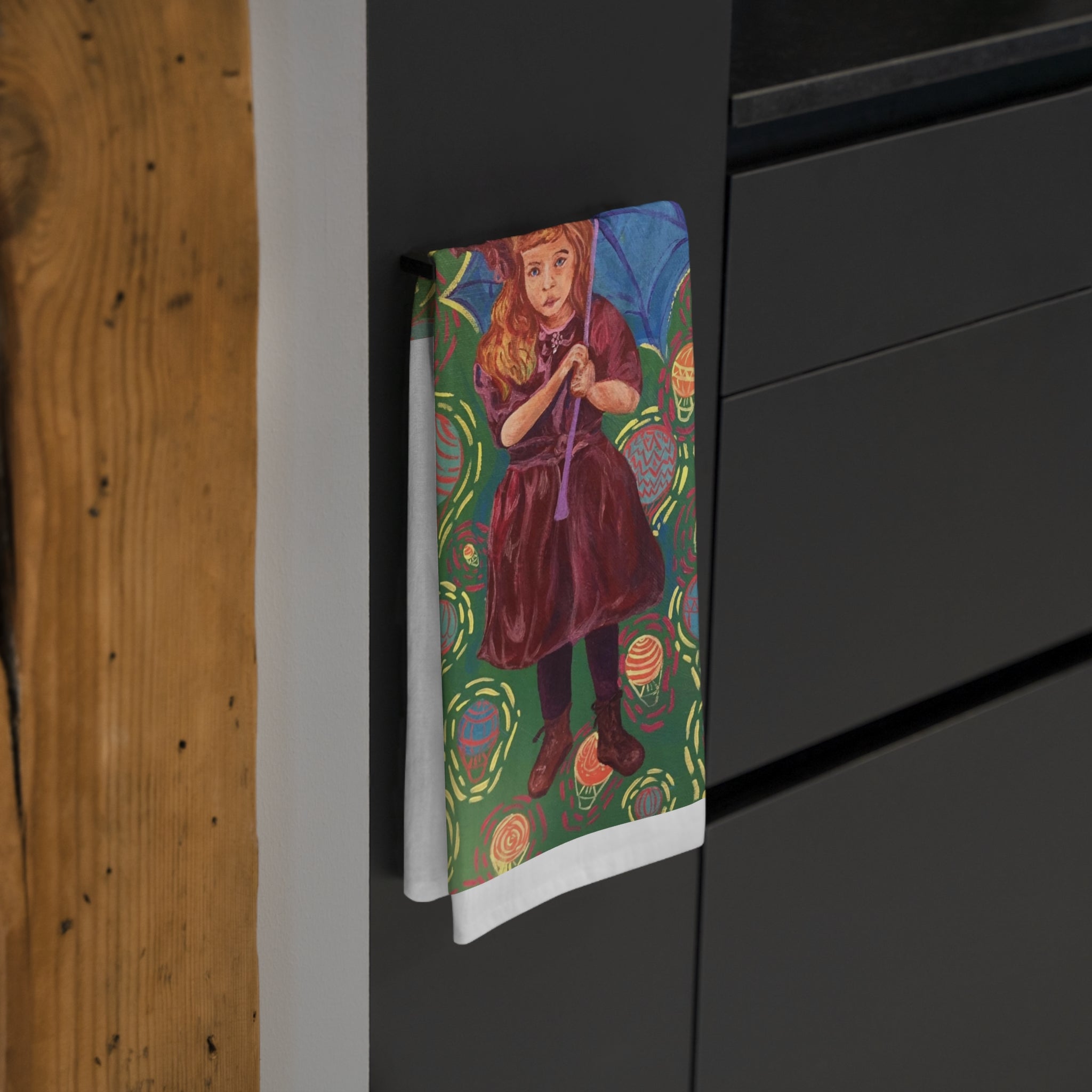 Vintage Girl with Blue Umbrella - Tea Towel — Painted Little Girl with Umbrella & Hot Air Balloons