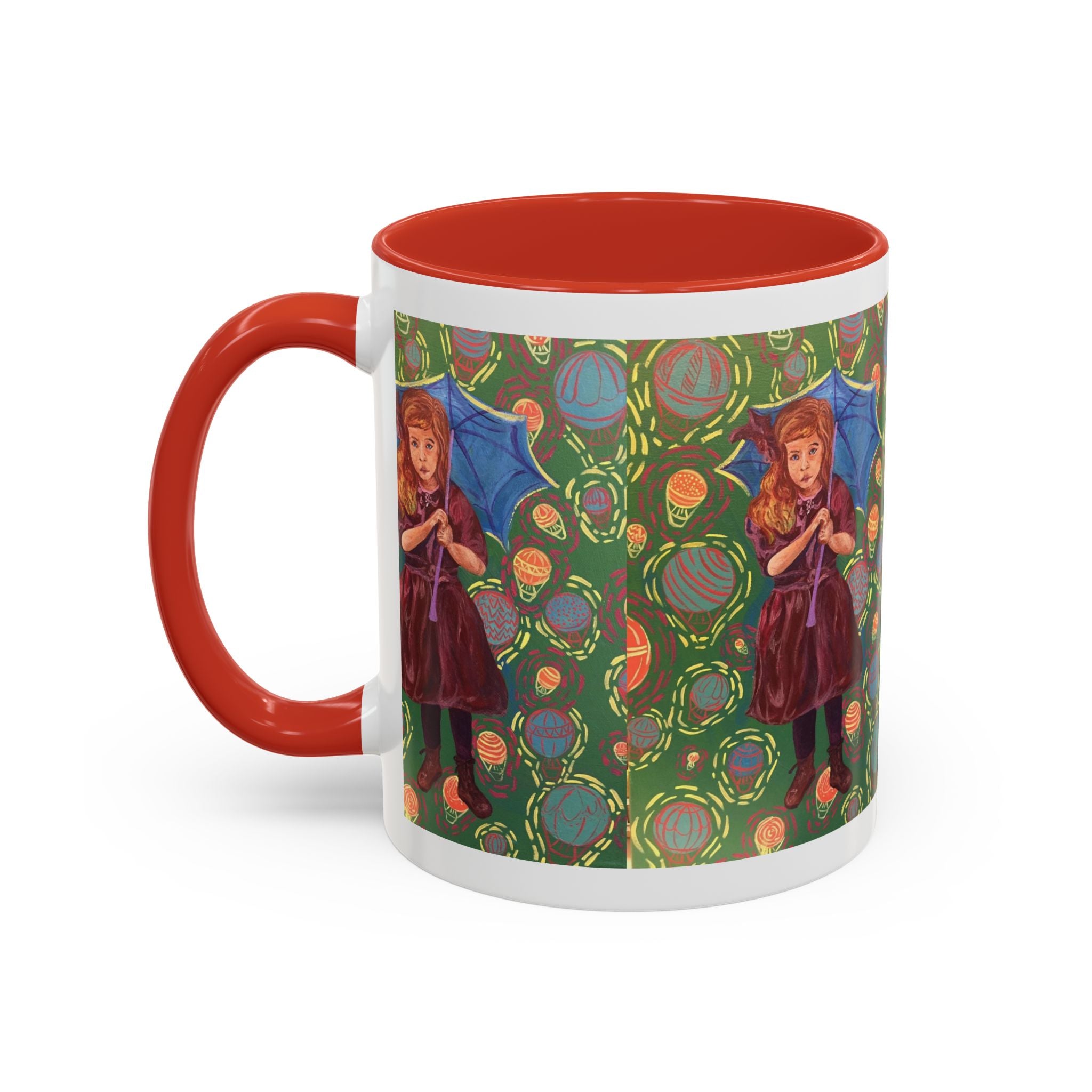 Vintage Girl with Umbrella Accent Coffee Mug — Whimsical Rainy-Day Art Gift (11/15 oz)