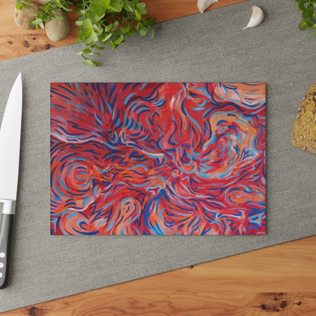 Abstract Swirl Glass Cutting Board — Vibrant Red & Coral Kitchen Art