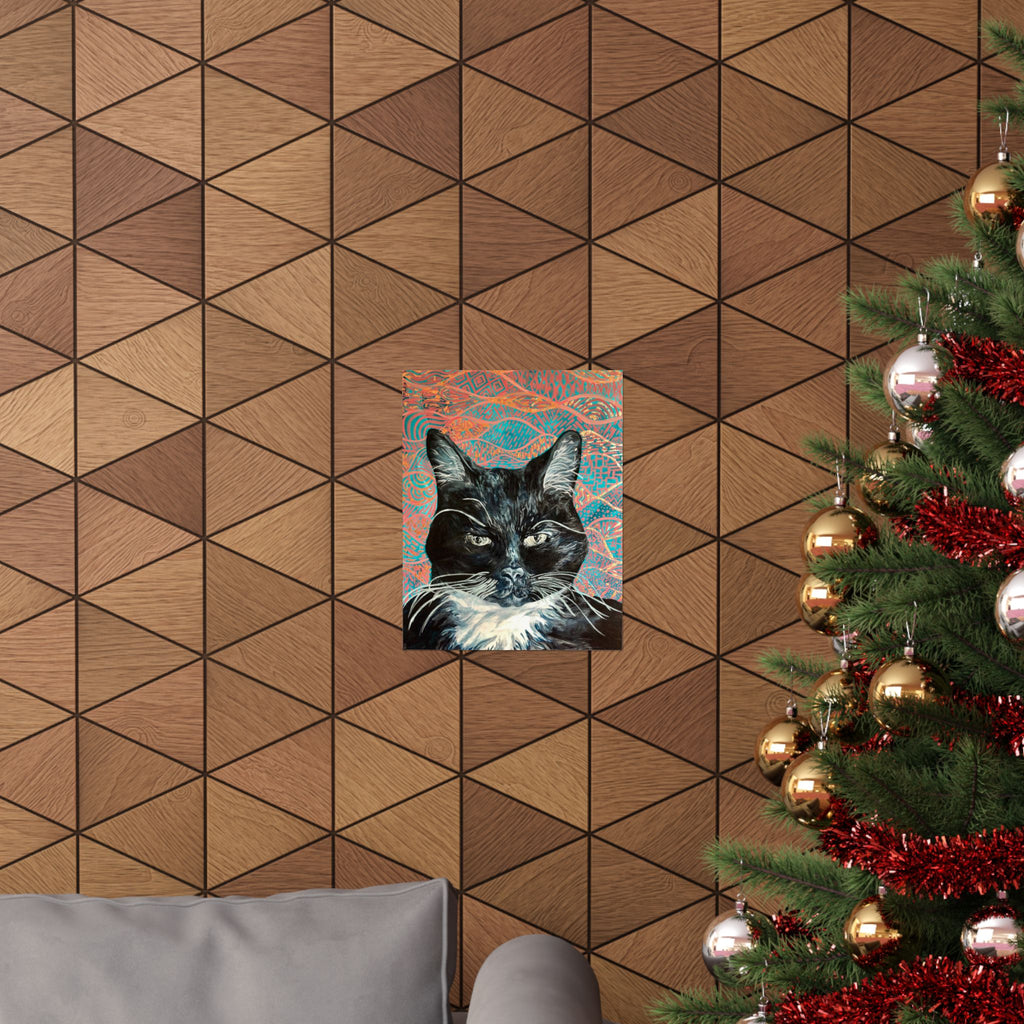 Black Cat Portrait Matte Poster — Vertical Wall Art on Patterned Background
