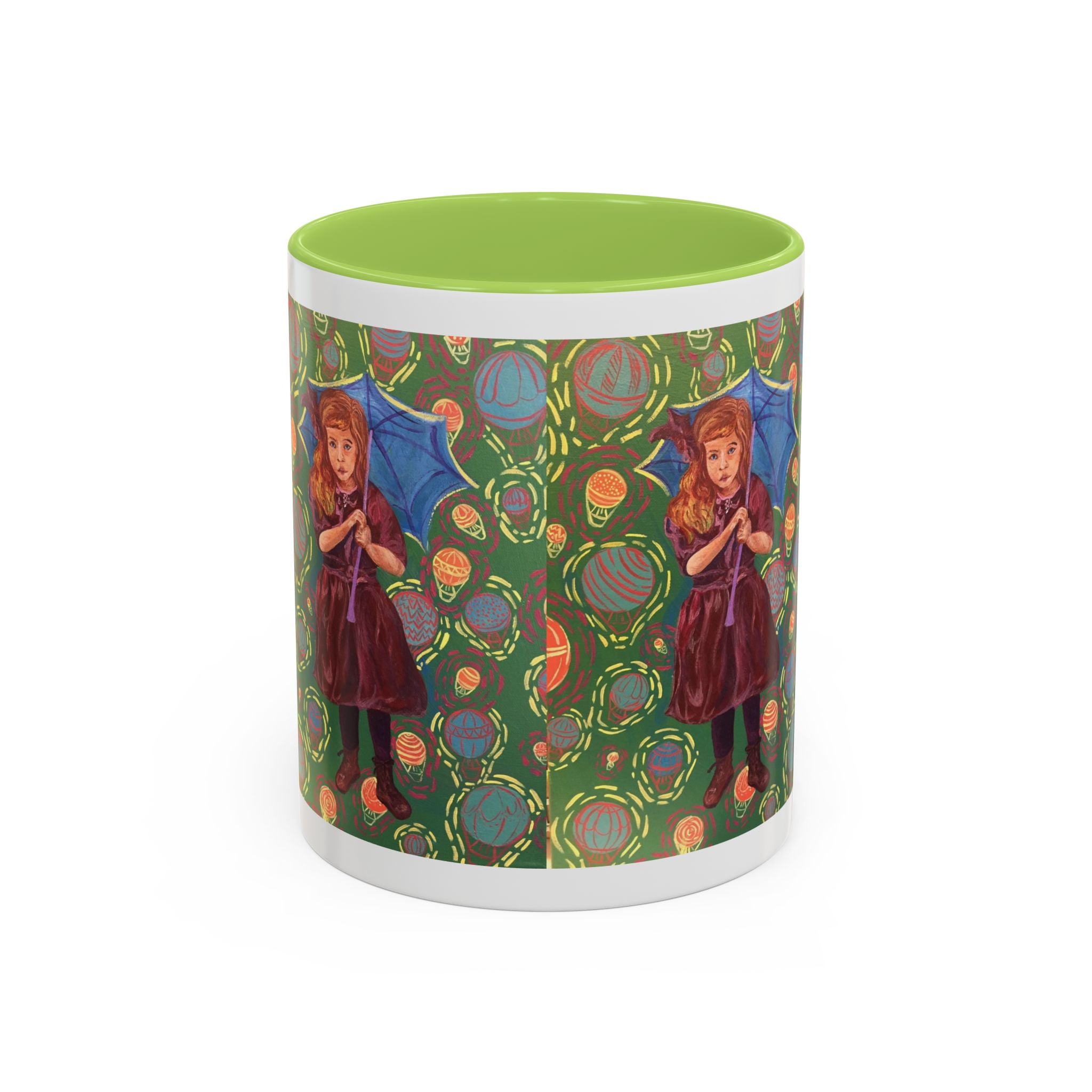 Vintage Girl with Umbrella Accent Coffee Mug — Whimsical Rainy-Day Art Gift (11/15 oz)