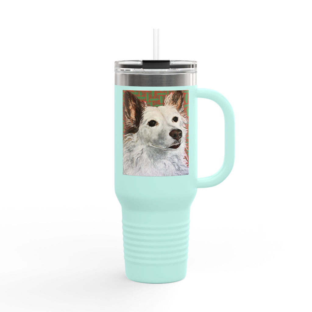 White Dog Portrait - 40oz Insulated Travel Mug — Painted White Dog Portrait with Brown Ears on Vibrant Pattern
