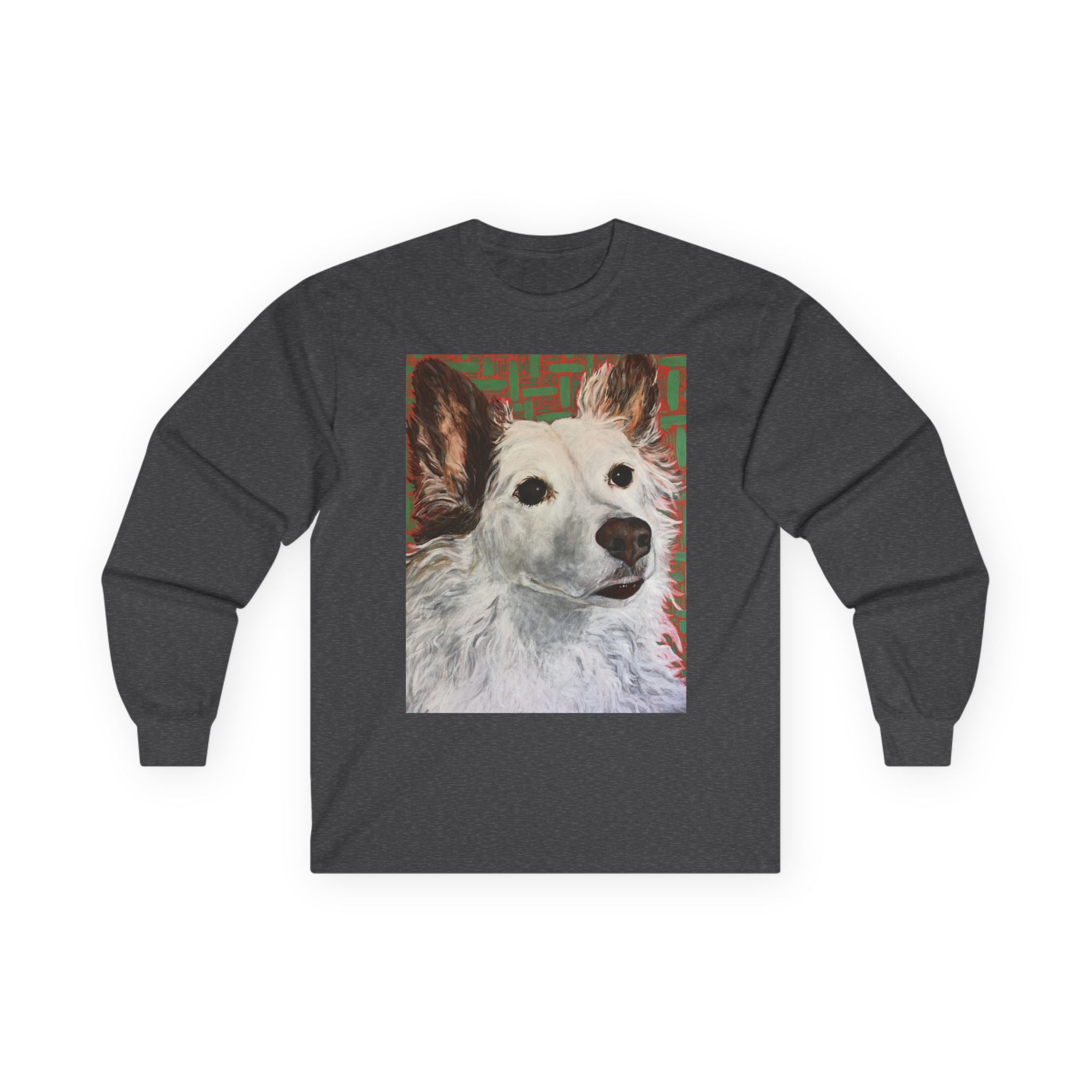 White Dog Portrait Long Sleeve Tee — Brown-Eared Canine Art