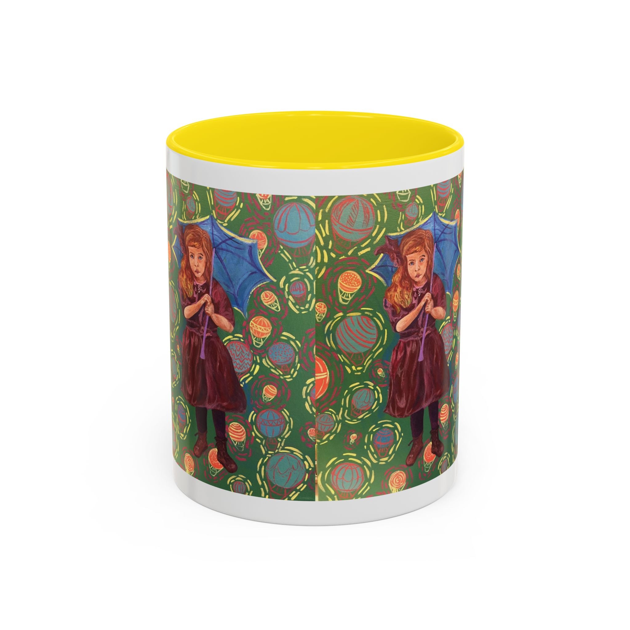 Vintage Girl with Umbrella Accent Coffee Mug — Whimsical Rainy-Day Art Gift (11/15 oz)