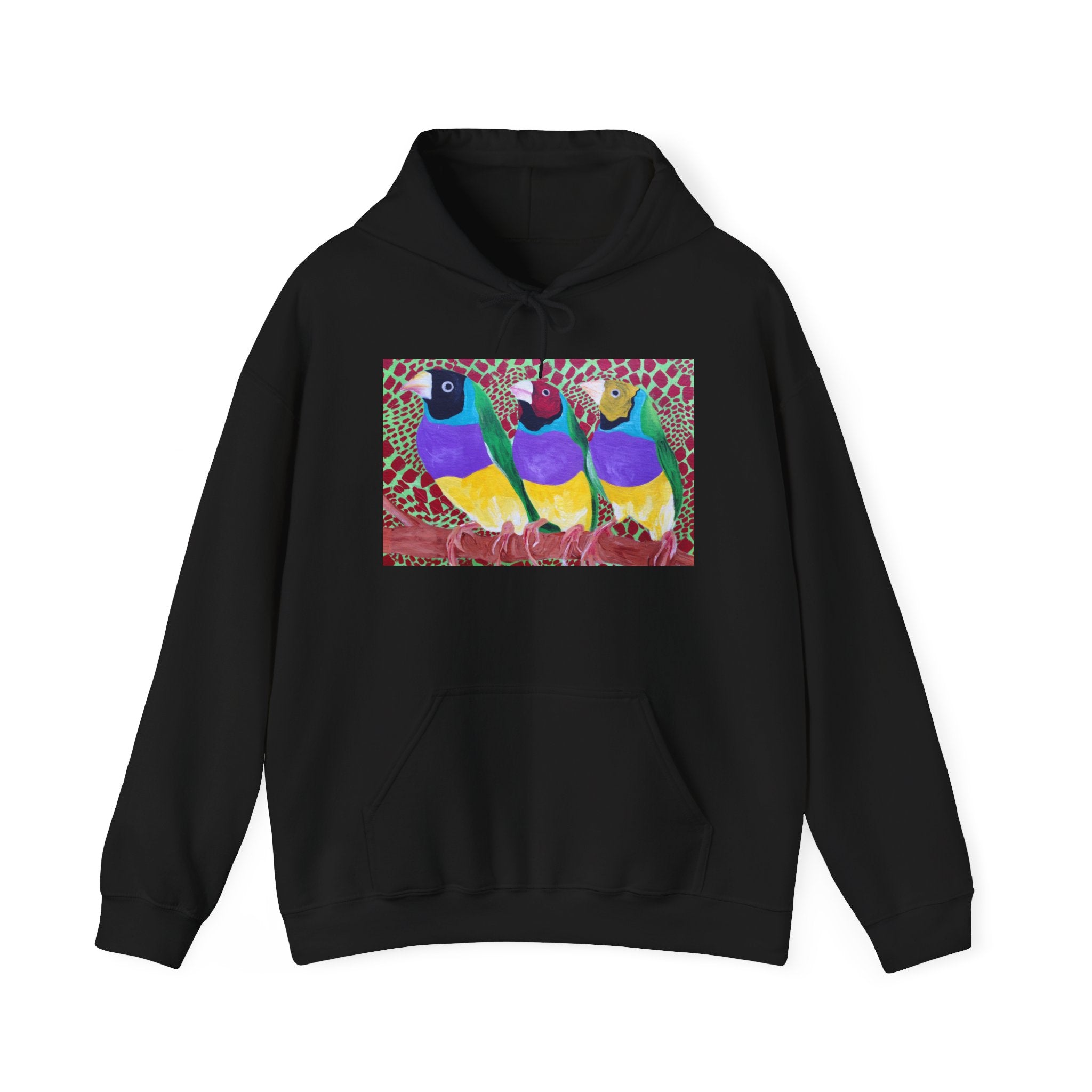 Gouldian Finch Trio Hoodie — Colorful Tropical Bird Graphic Pullover