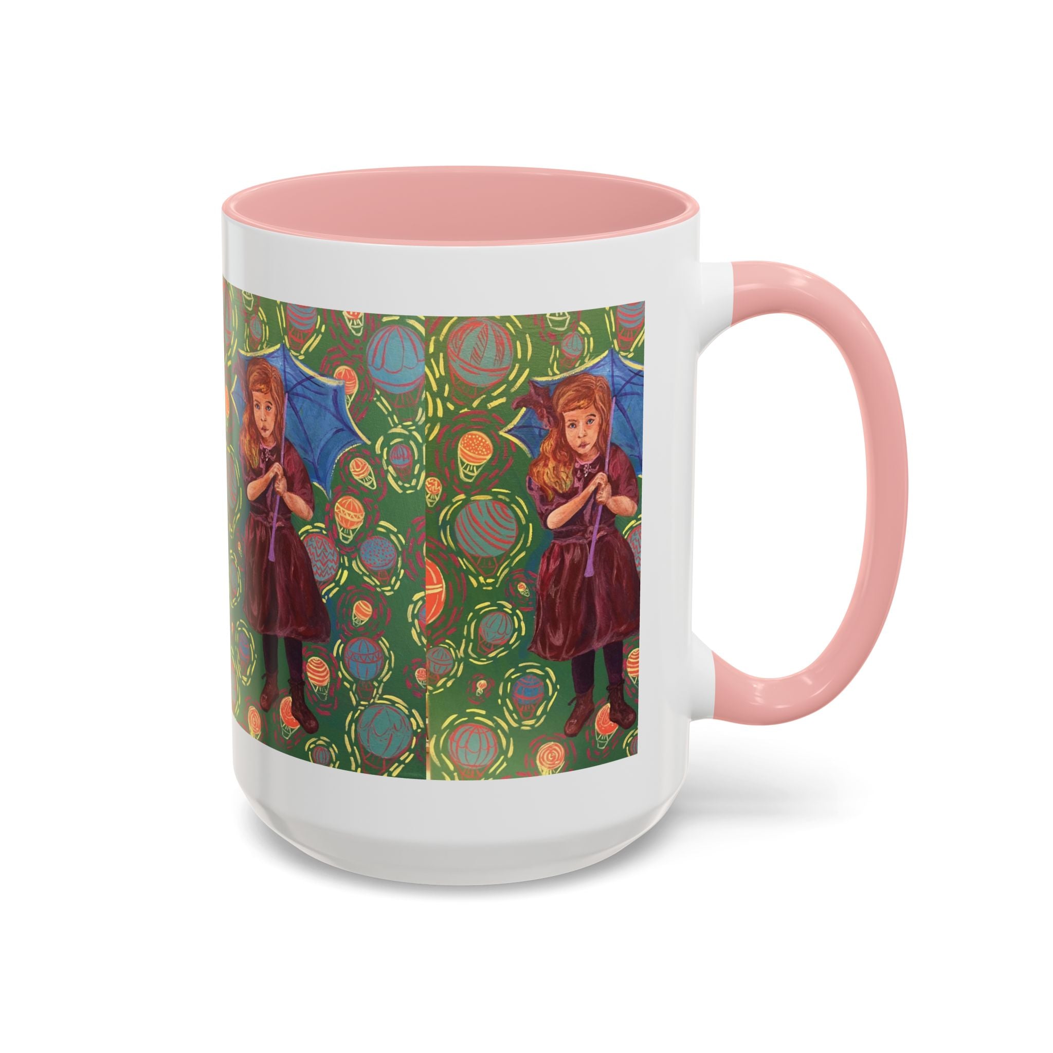 Vintage Girl with Umbrella Accent Coffee Mug — Whimsical Rainy-Day Art Gift (11/15 oz)