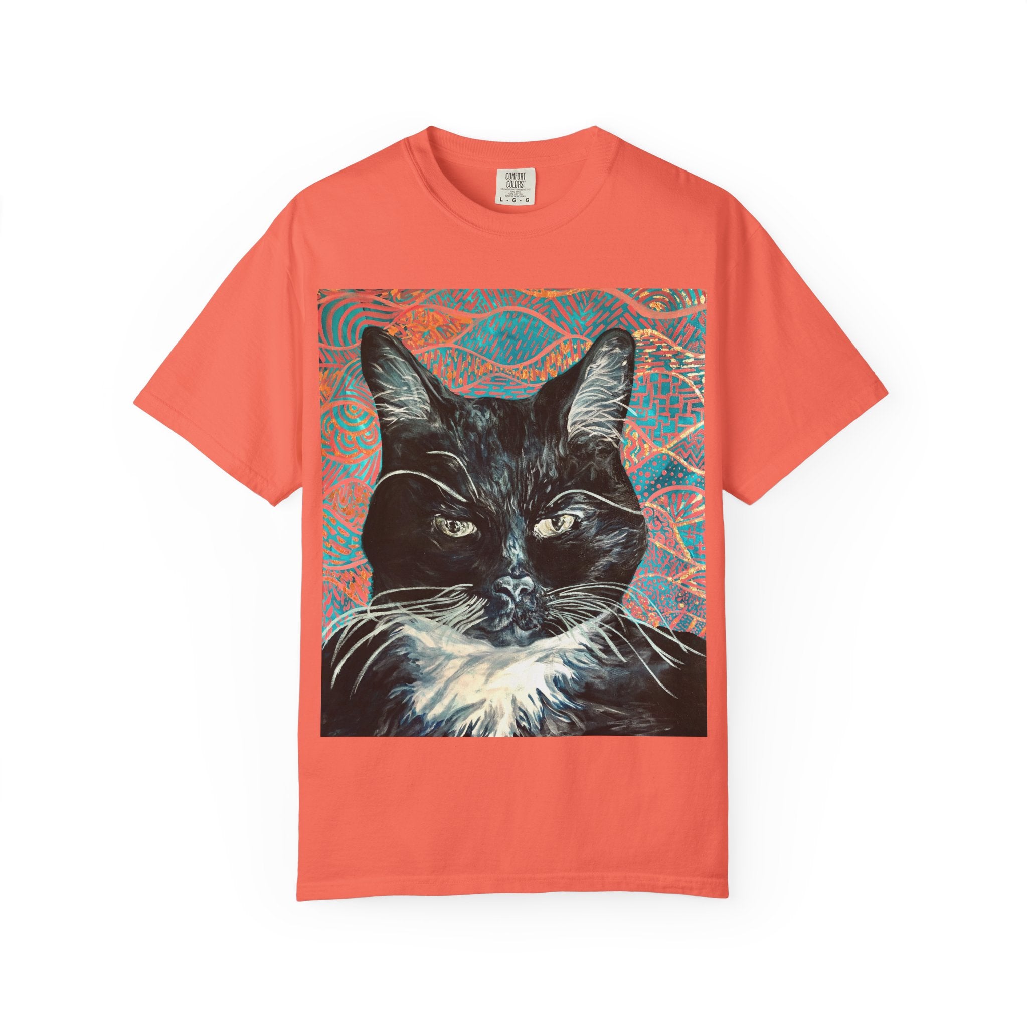 Black Cat Portrait T-Shirt — Painted Portrait on Pattern Background