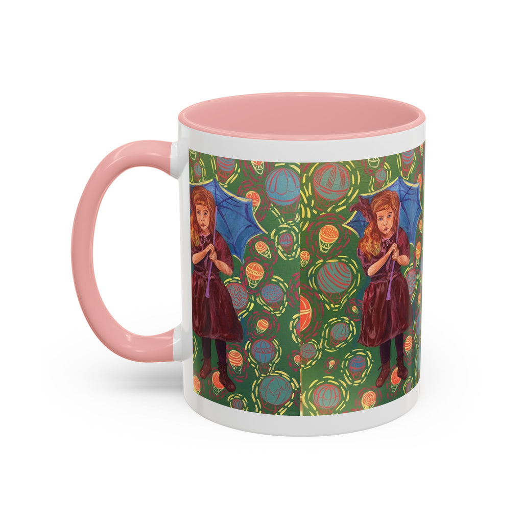 Vintage Girl with Umbrella Accent Coffee Mug — Whimsical Rainy-Day Art Gift (11/15 oz)