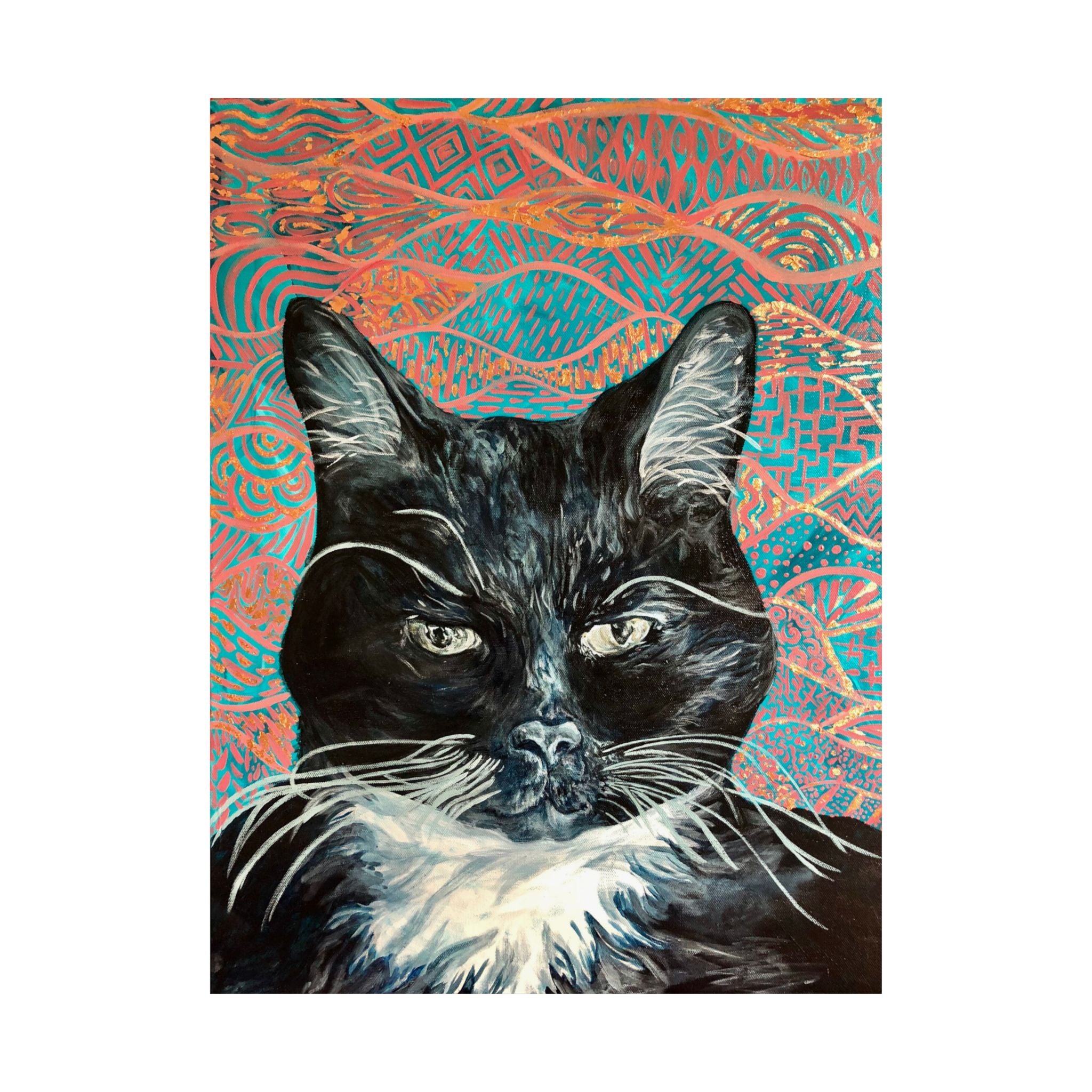 Black Cat Portrait Matte Poster — Vertical Wall Art on Patterned Background