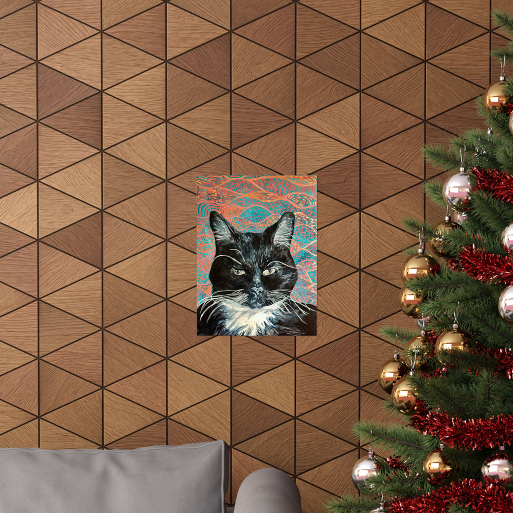 Black Cat Portrait Matte Poster — Vertical Wall Art on Patterned Background
