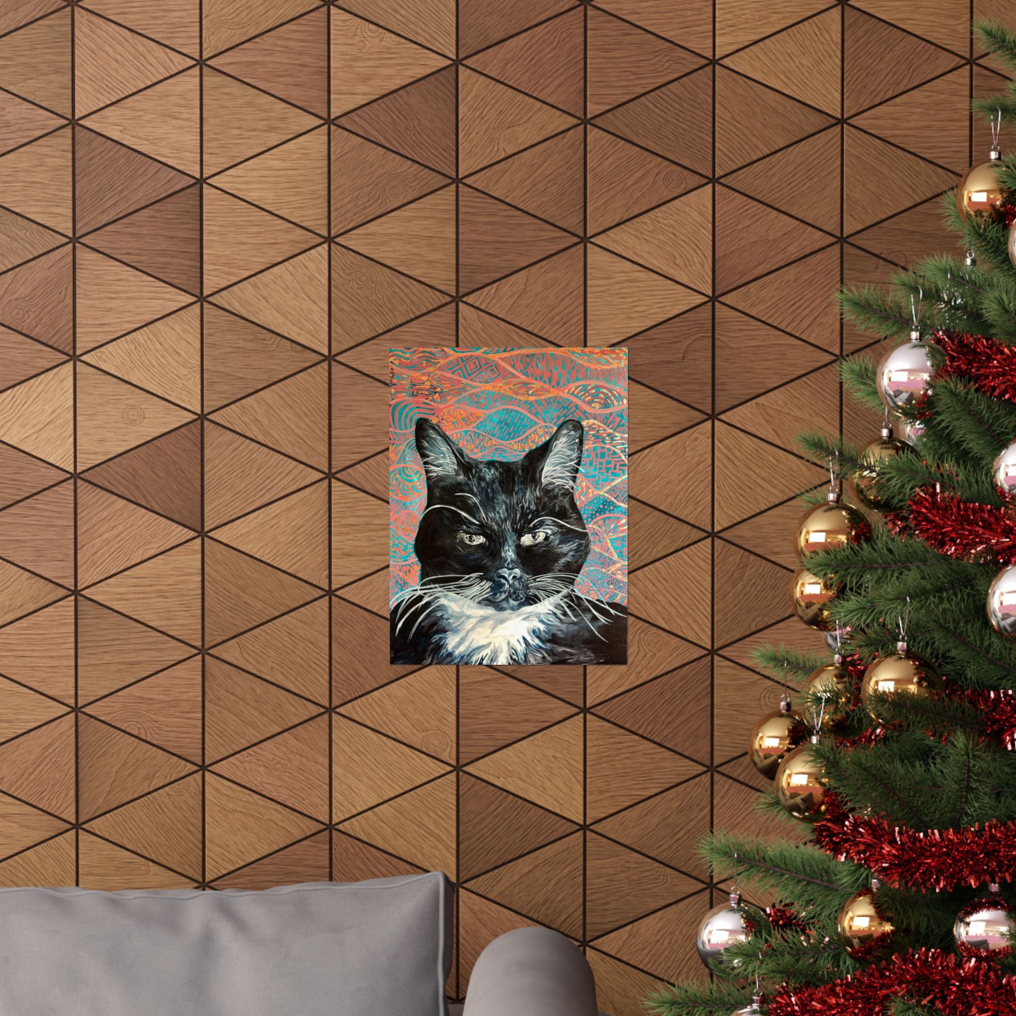 Black Cat Portrait Matte Poster — Vertical Wall Art on Patterned Background