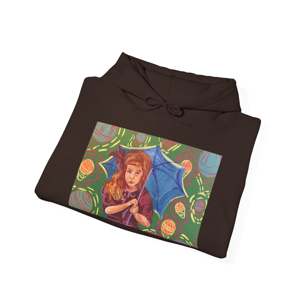 Vintage Girl with Umbrella Graphic Sweatshirt - Kids' Rainy Day Illustration Hoodie